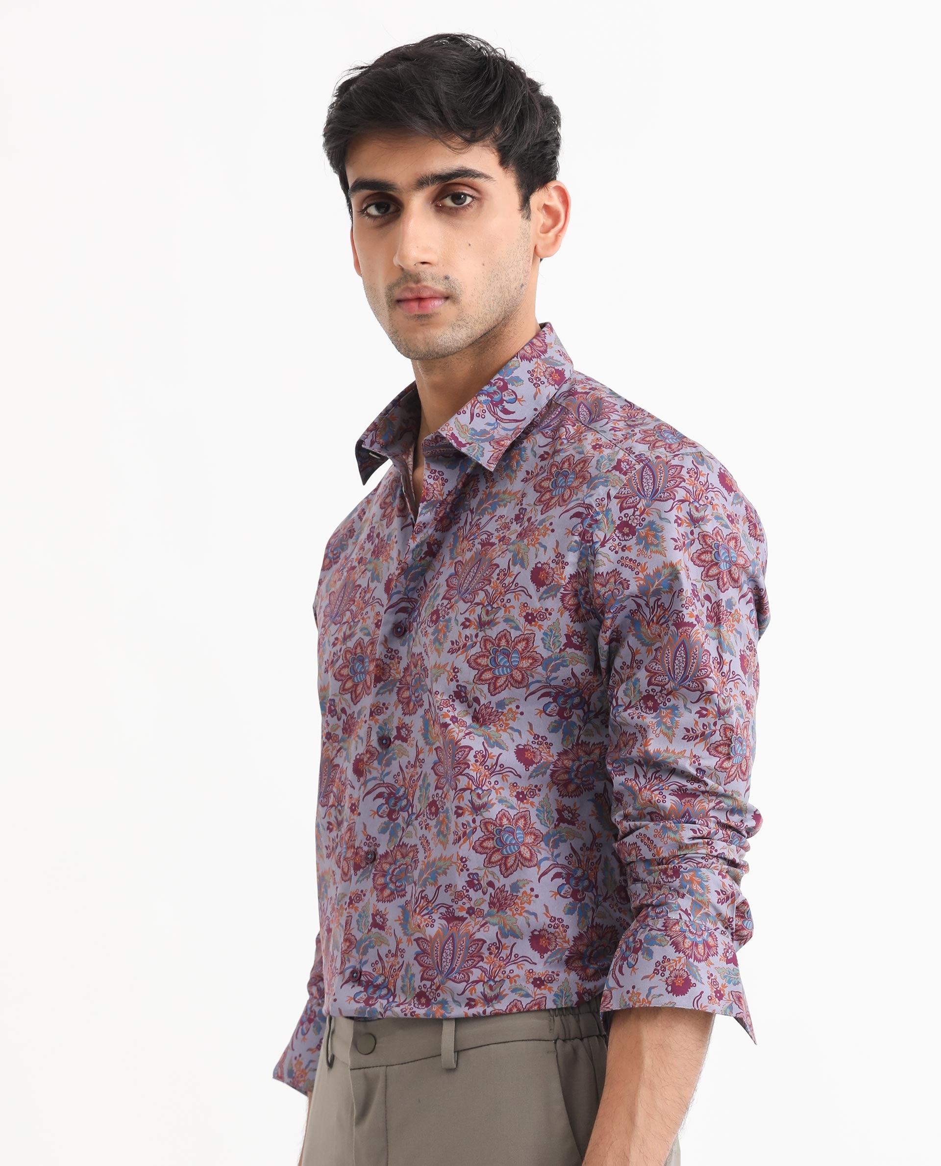 Rare Rabbit Men's Boltonn Pastel Purple Cotton Fabric Floral Print Full Sleeves Shirt