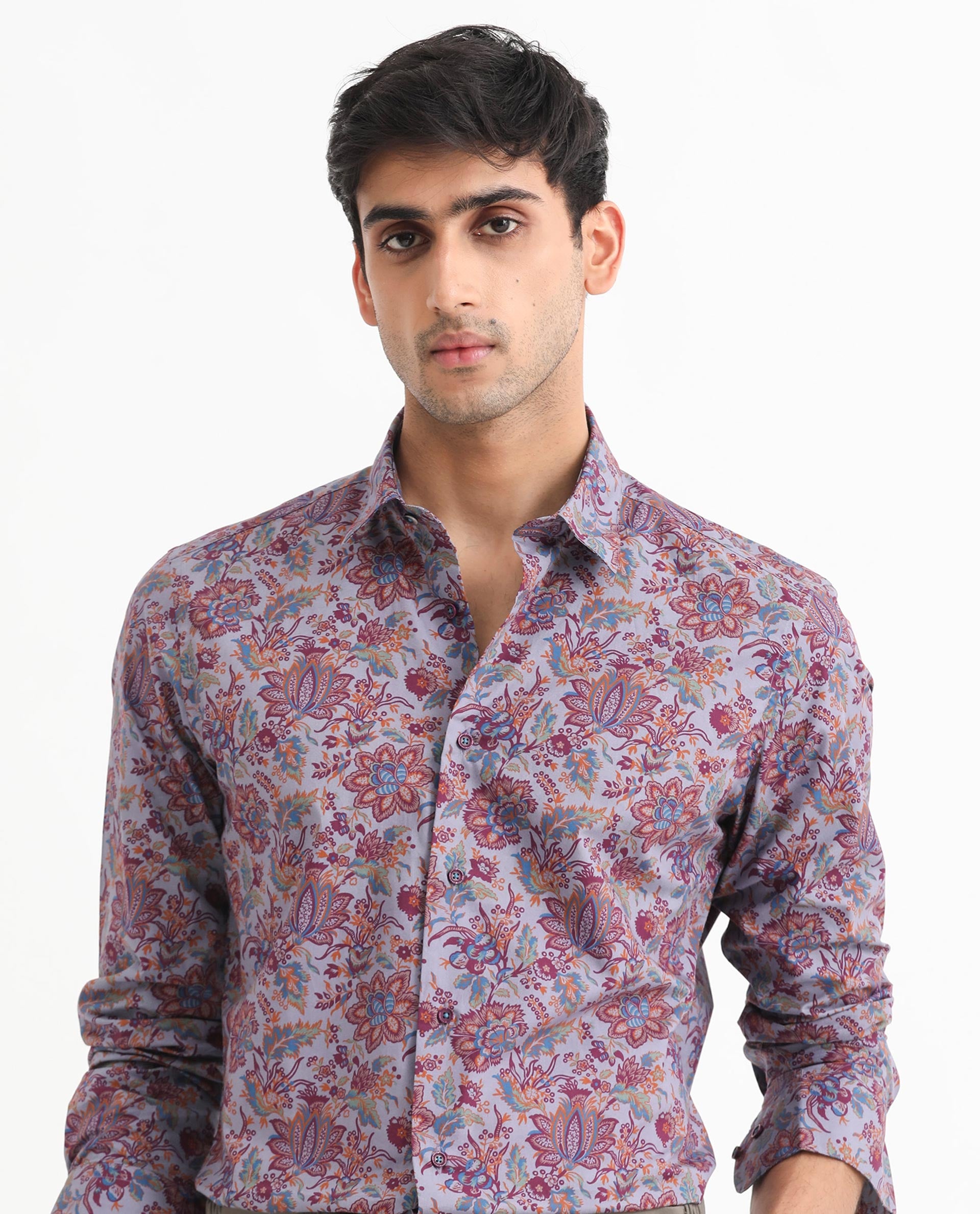 Rare Rabbit Men's Boltonn Pastel Purple Cotton Fabric Floral Print Full Sleeves Shirt