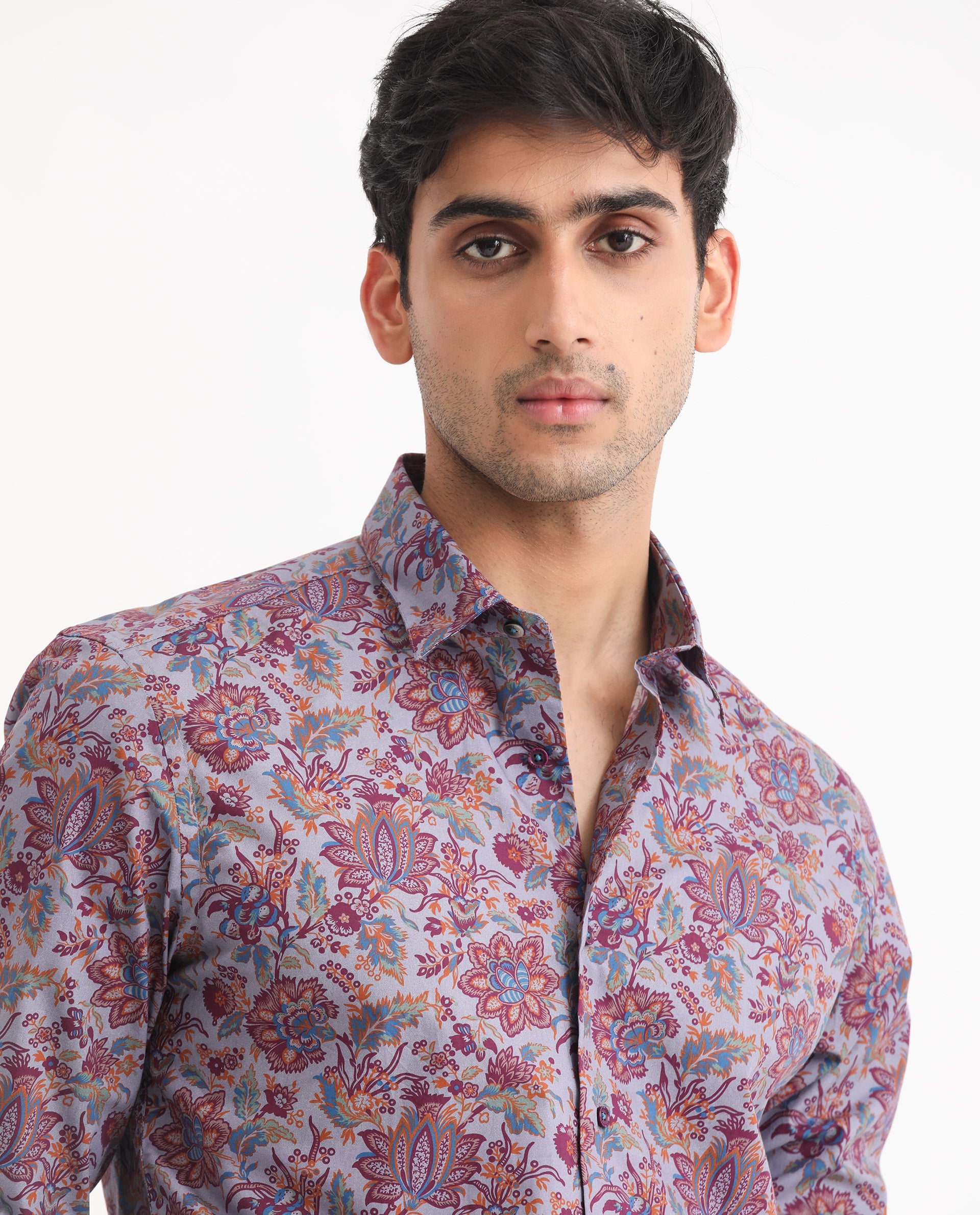 Rare Rabbit Men's Boltonn Pastel Purple Cotton Fabric Floral Print Full Sleeves Shirt