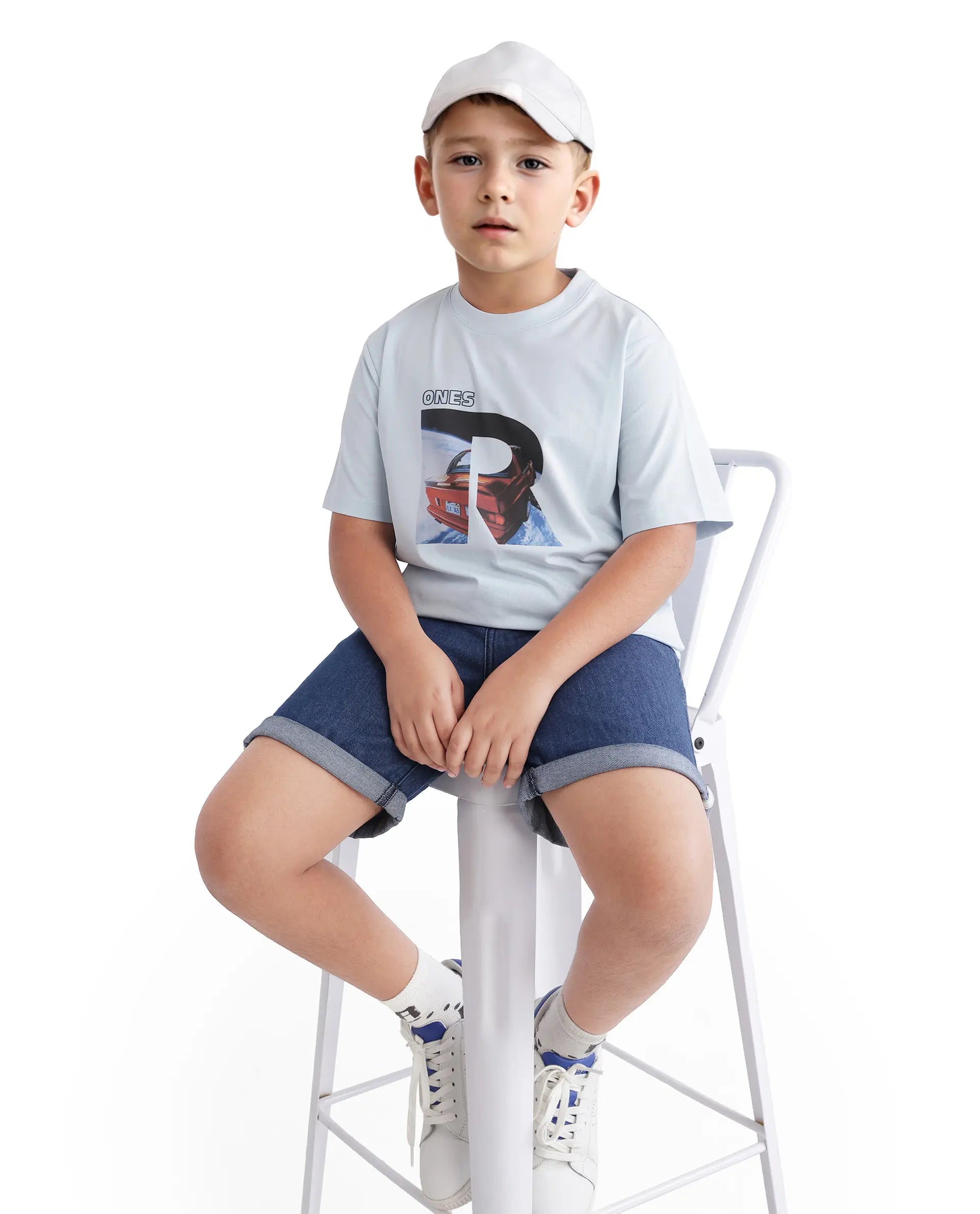 Rare Ones Kids Bolt Pastel Blue Cotton Blend Short Sleeve Crew Neck Print T-Shirt