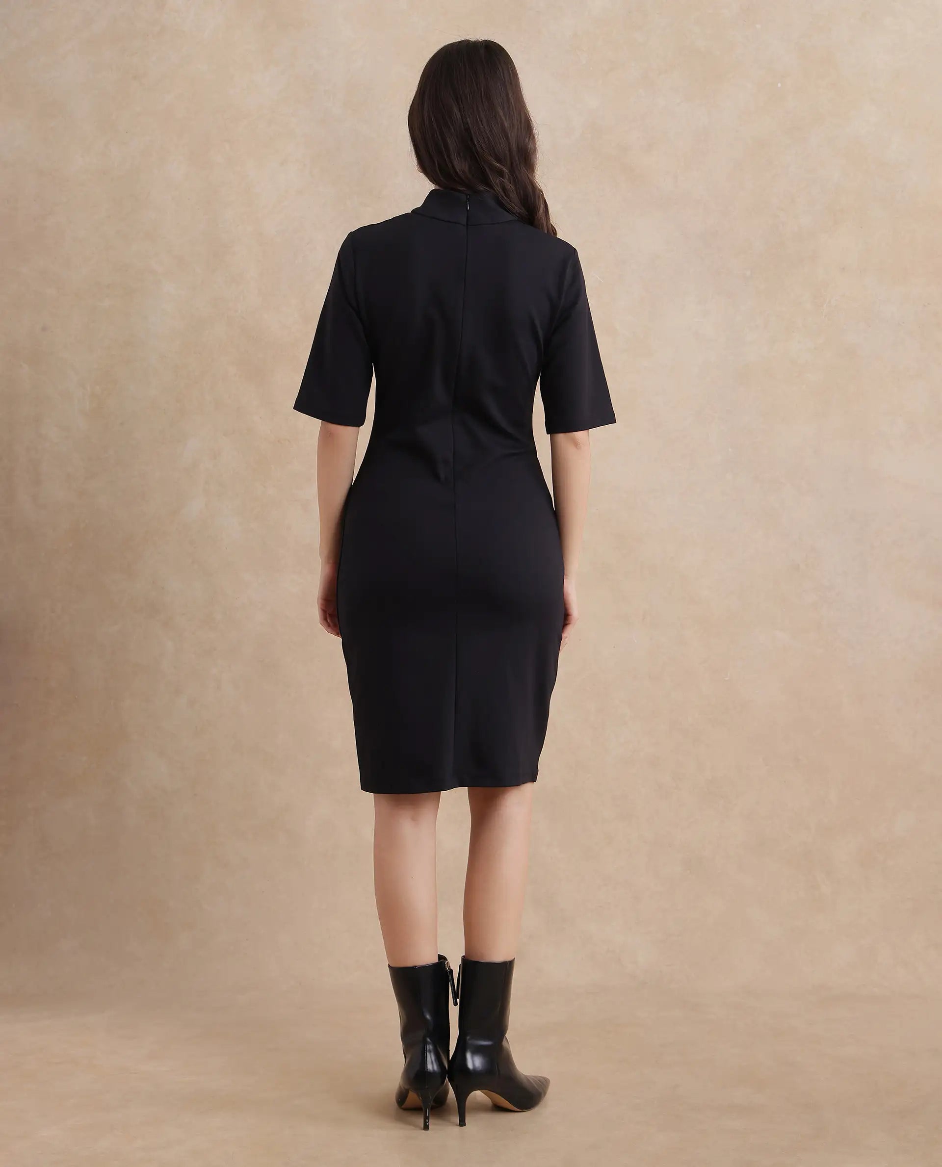 Rareism Women's Bolu Black Cotton Blend Fabric High Neck Zipper Closure Half Sleeve Plain Slim Fit Knee Length Dress