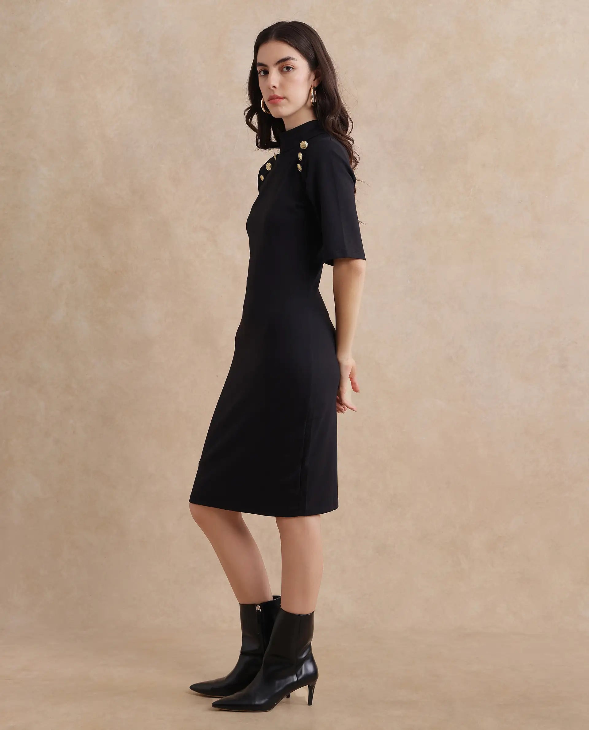 Rareism Women's Bolu Black Cotton Blend Fabric High Neck Zipper Closure Half Sleeve Plain Slim Fit Knee Length Dress