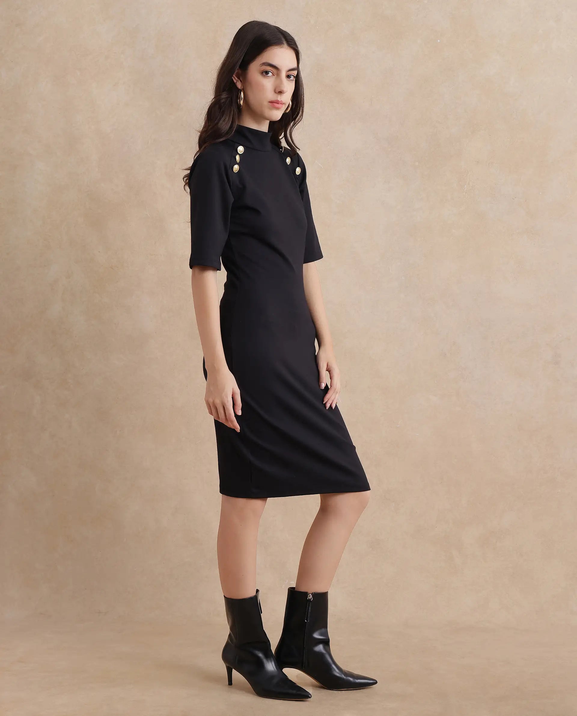 Rareism Women's Bolu Black Cotton Blend Fabric High Neck Zipper Closure Half Sleeve Plain Slim Fit Knee Length Dress