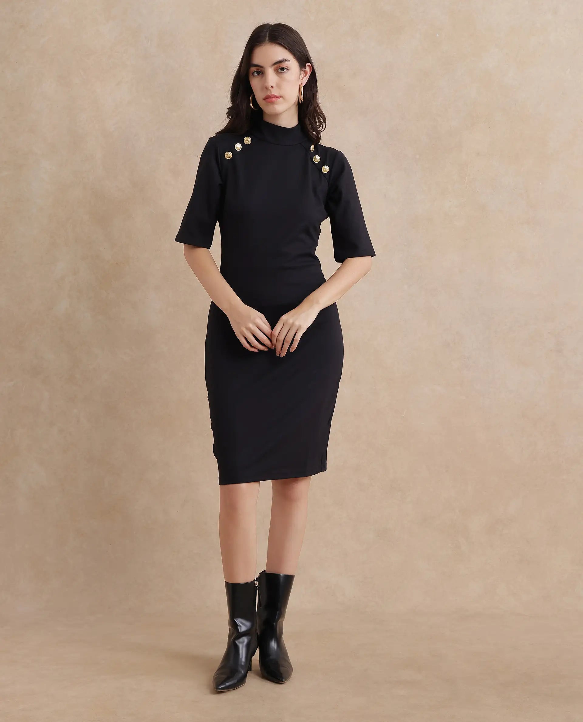 Rareism Women's Bolu Black Cotton Blend Fabric High Neck Zipper Closure Half Sleeve Plain Slim Fit Knee Length Dress