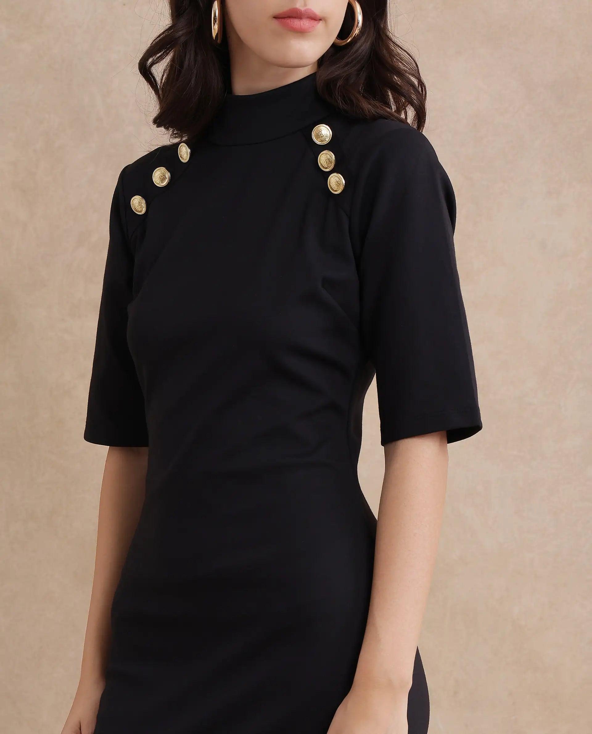 Rareism Women's Bolu Black Cotton Blend Fabric High Neck Zipper Closure Half Sleeve Plain Slim Fit Knee Length Dress