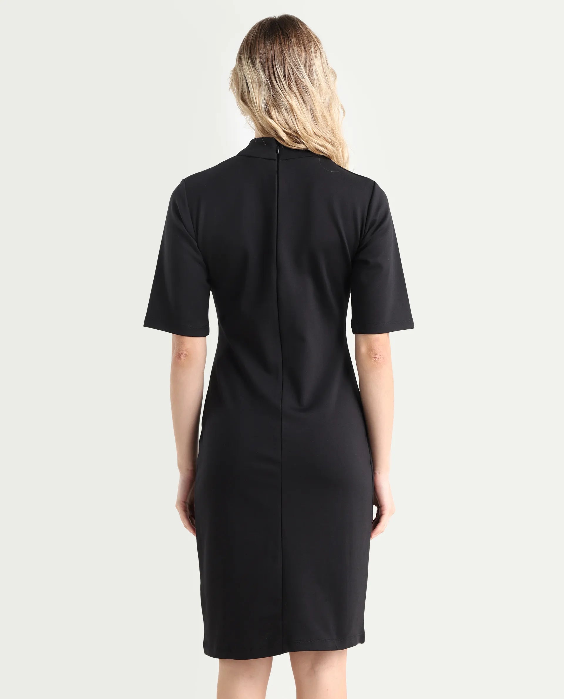 Rareism Women's Bolu Black Cotton Blend High Neck Plain Knee Length Slim Fit Dress