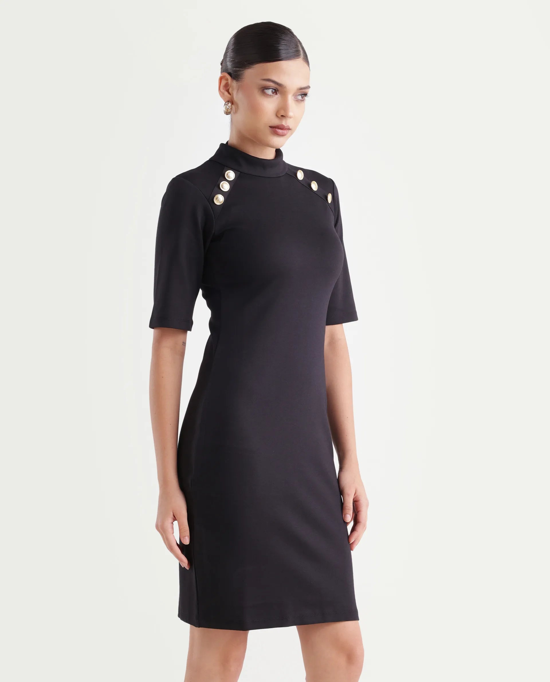 Rareism Women's Bolu Black Cotton Blend High Neck Plain Knee Length Slim Fit Dress