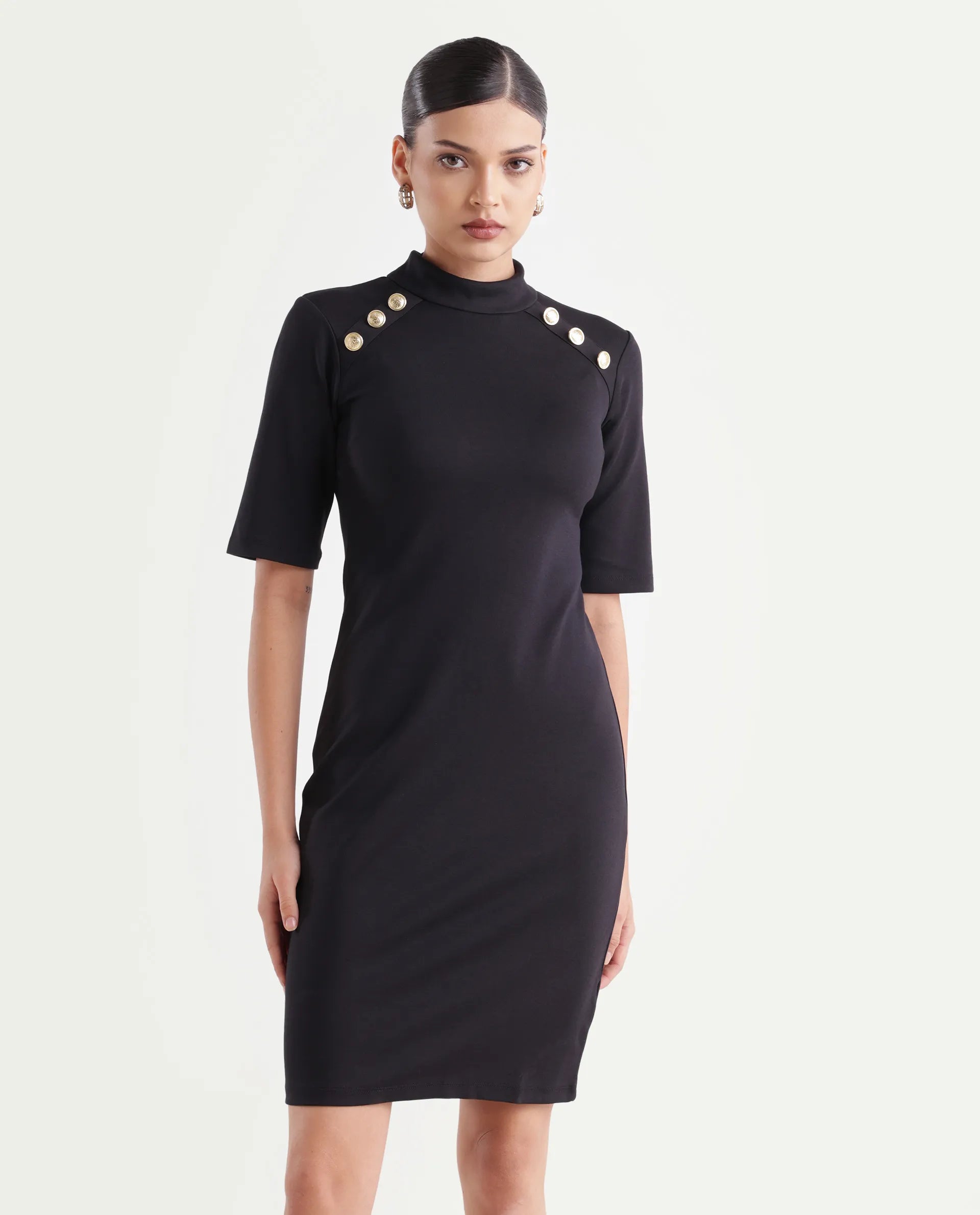 Rareism Women's Bolu Black Cotton Blend High Neck Plain Knee Length Slim Fit Dress