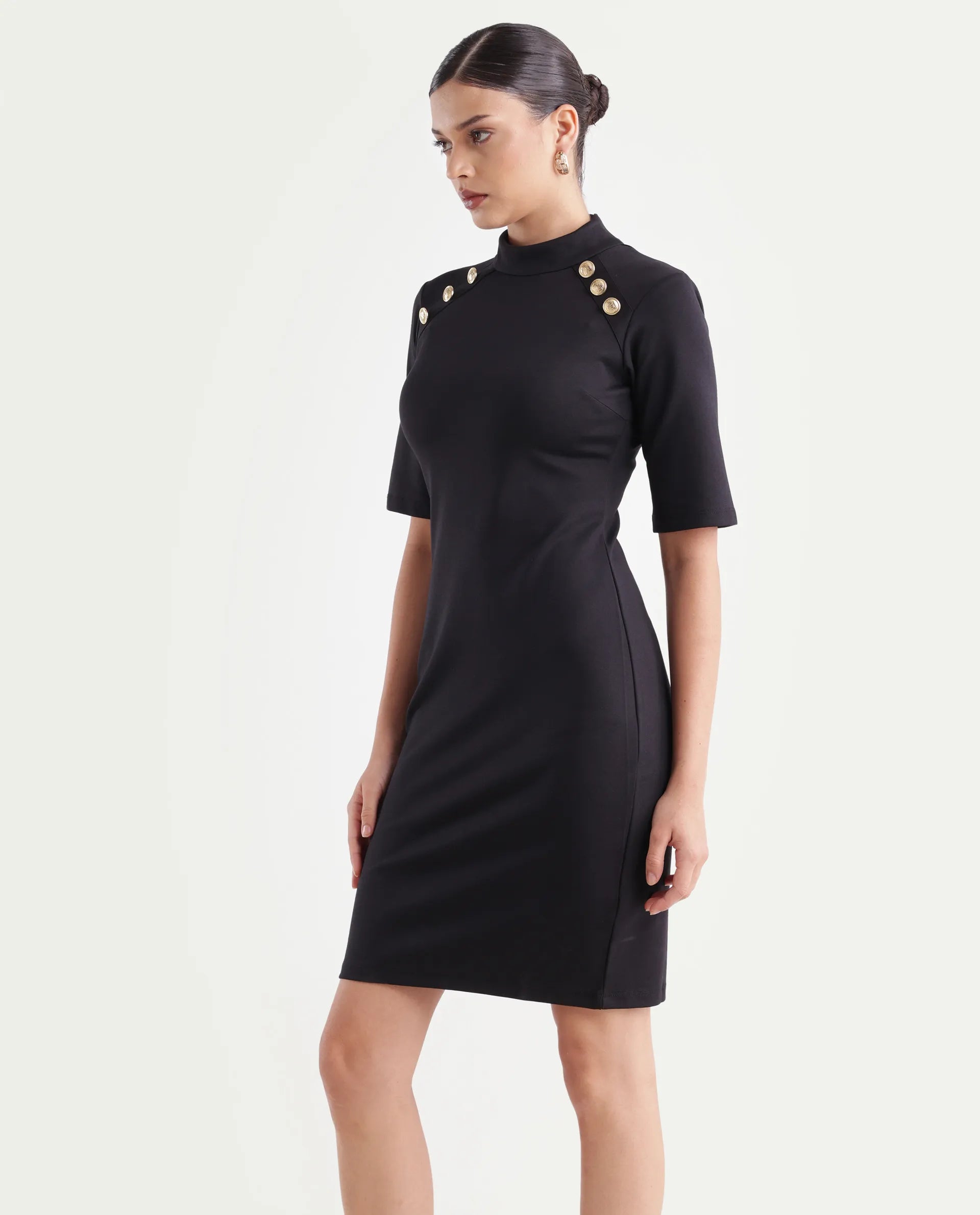 Rareism Women's Bolu Black Cotton Blend High Neck Plain Knee Length Slim Fit Dress