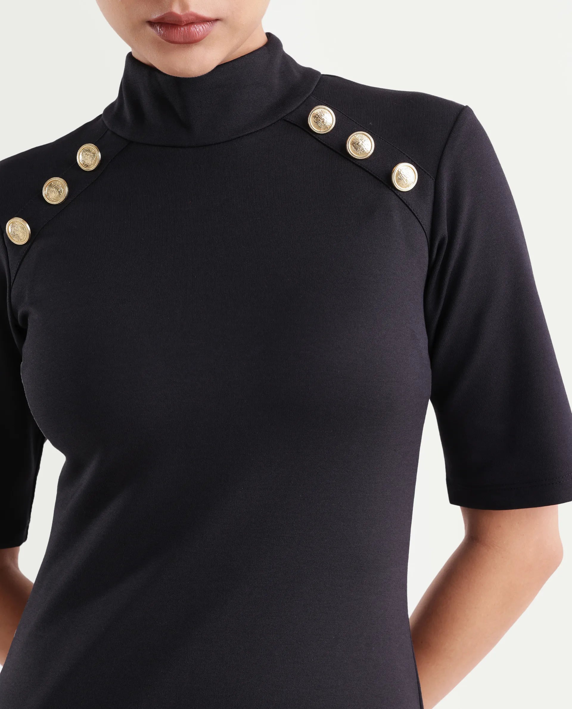 Rareism Women's Bolu Black Cotton Blend High Neck Plain Knee Length Slim Fit Dress