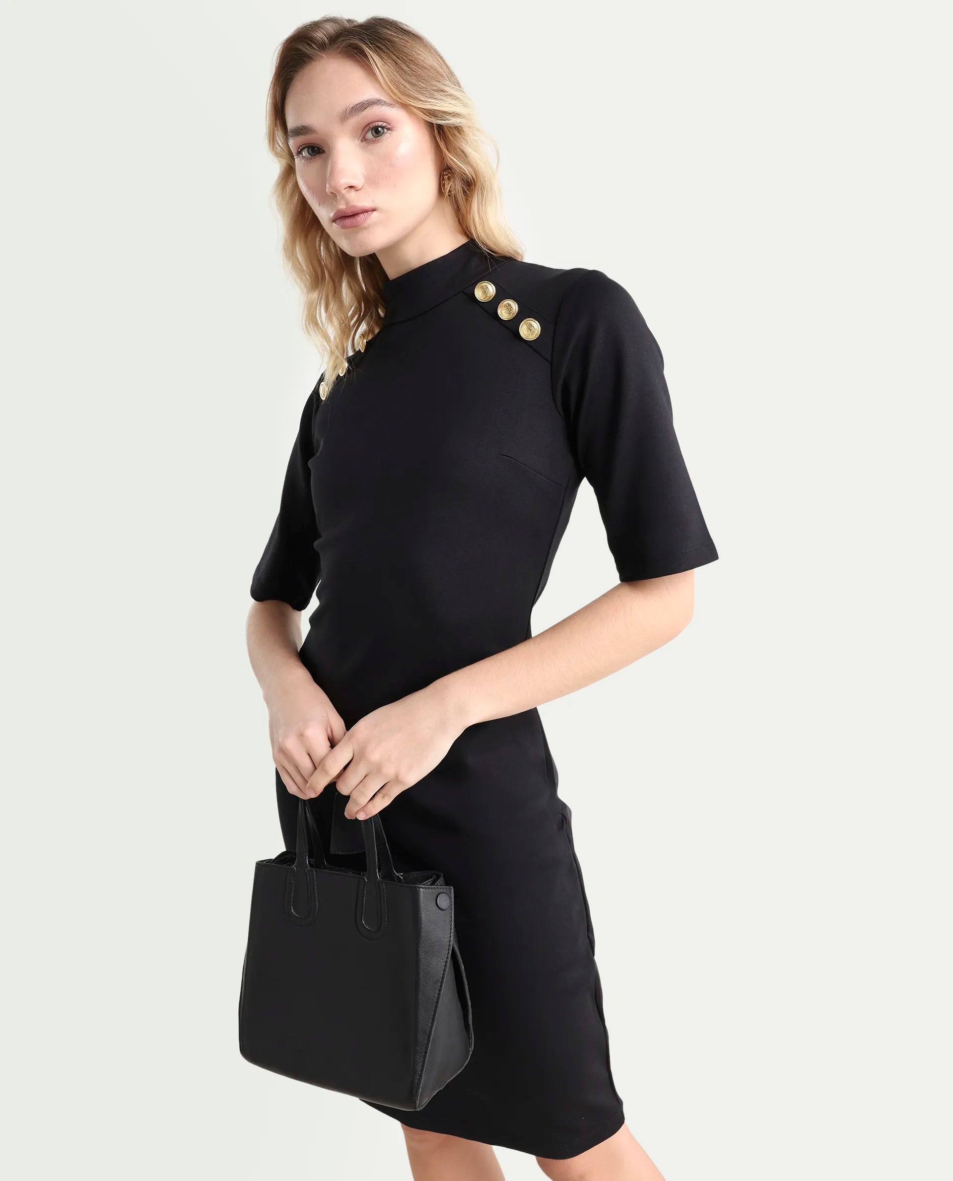 Rareism Women's Bolu Black Cotton Blend High Neck Plain Knee Length Slim Fit Dress