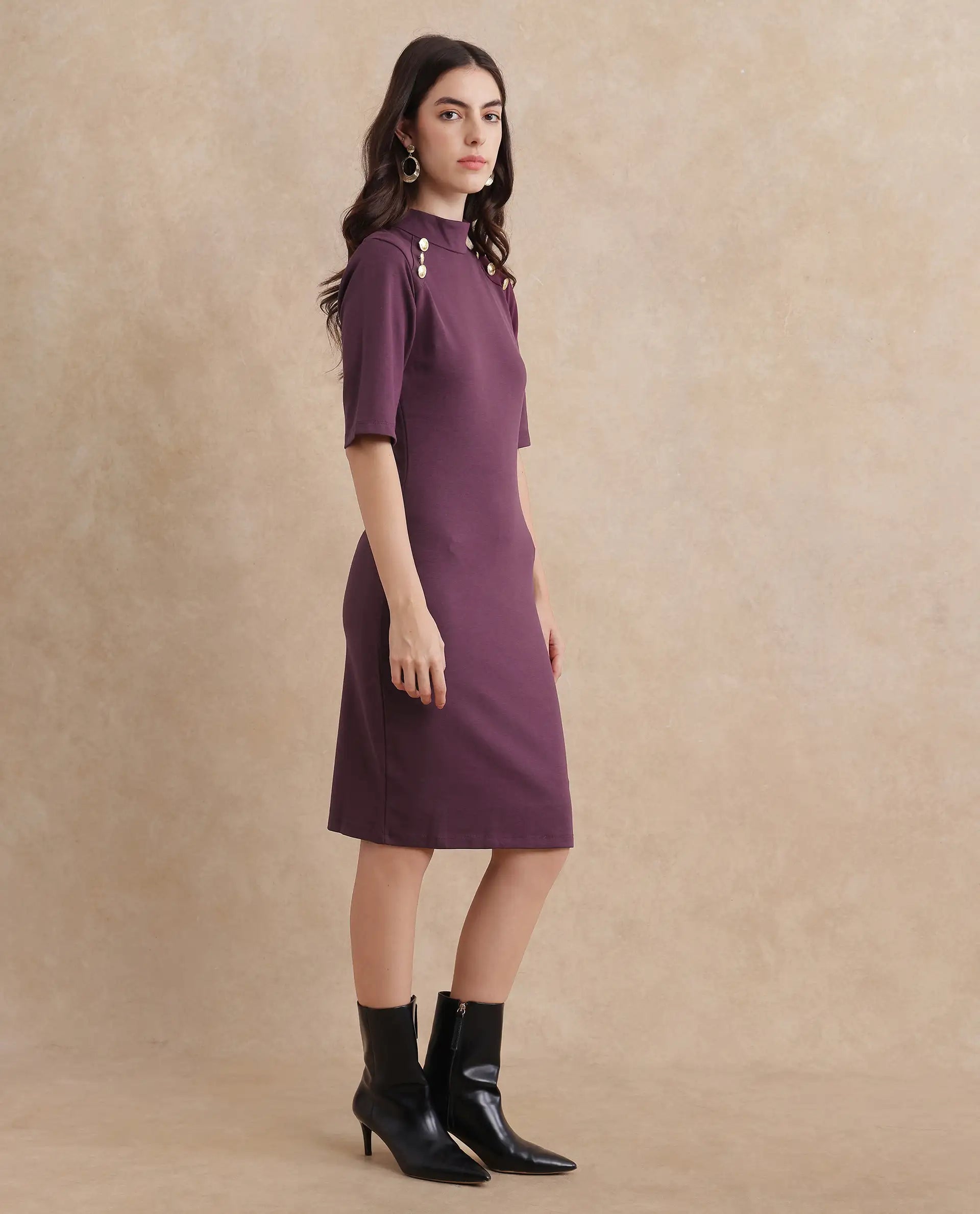 Rareism Women's Bolu Purple Cotton Blend Fabric High Neck Zipper Closure Half Sleeve Plain Bodycon Midi Dress