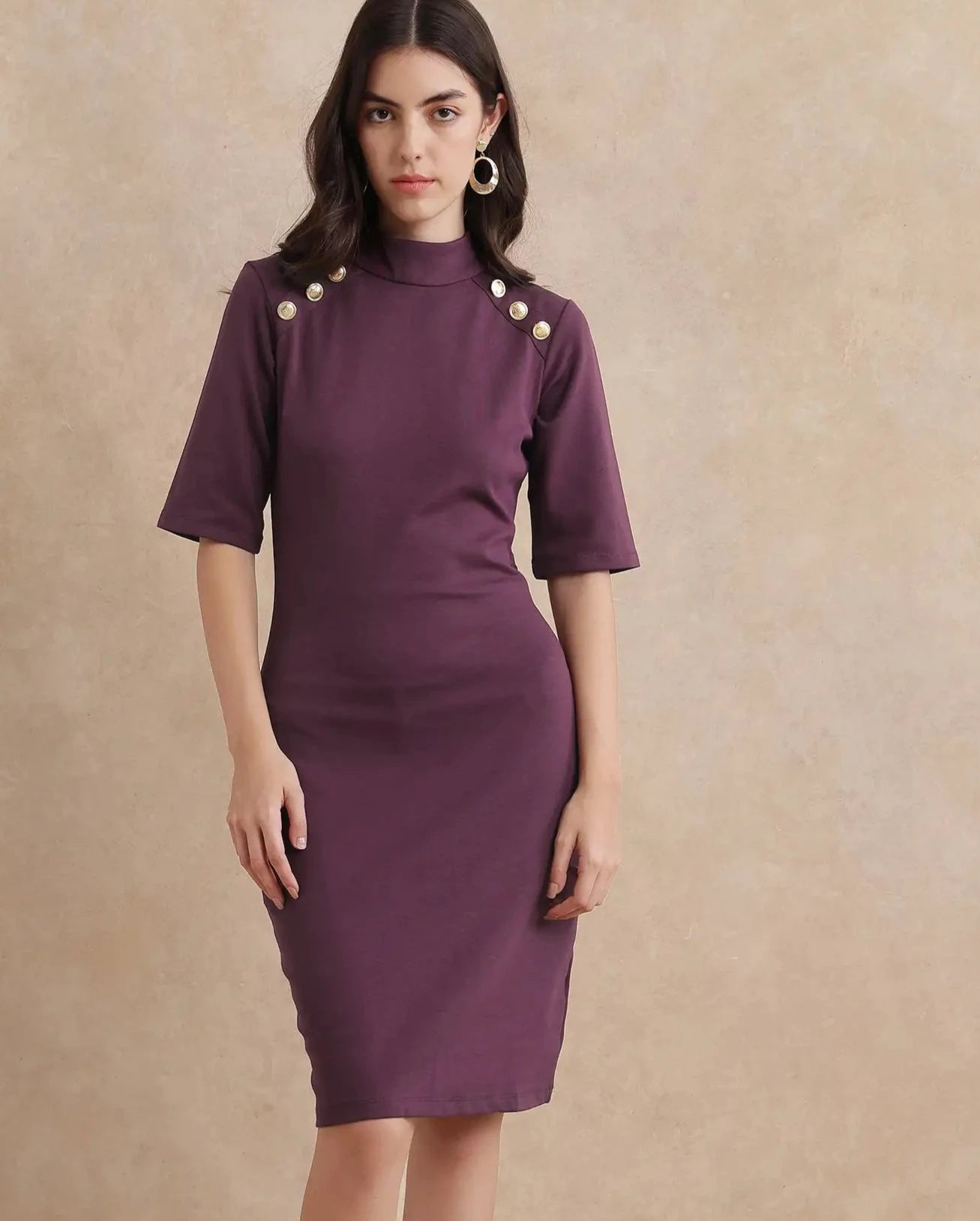 Rareism Women's Bolu Purple Cotton Blend Fabric High Neck Zipper Closure Half Sleeve Plain Bodycon Midi Dress