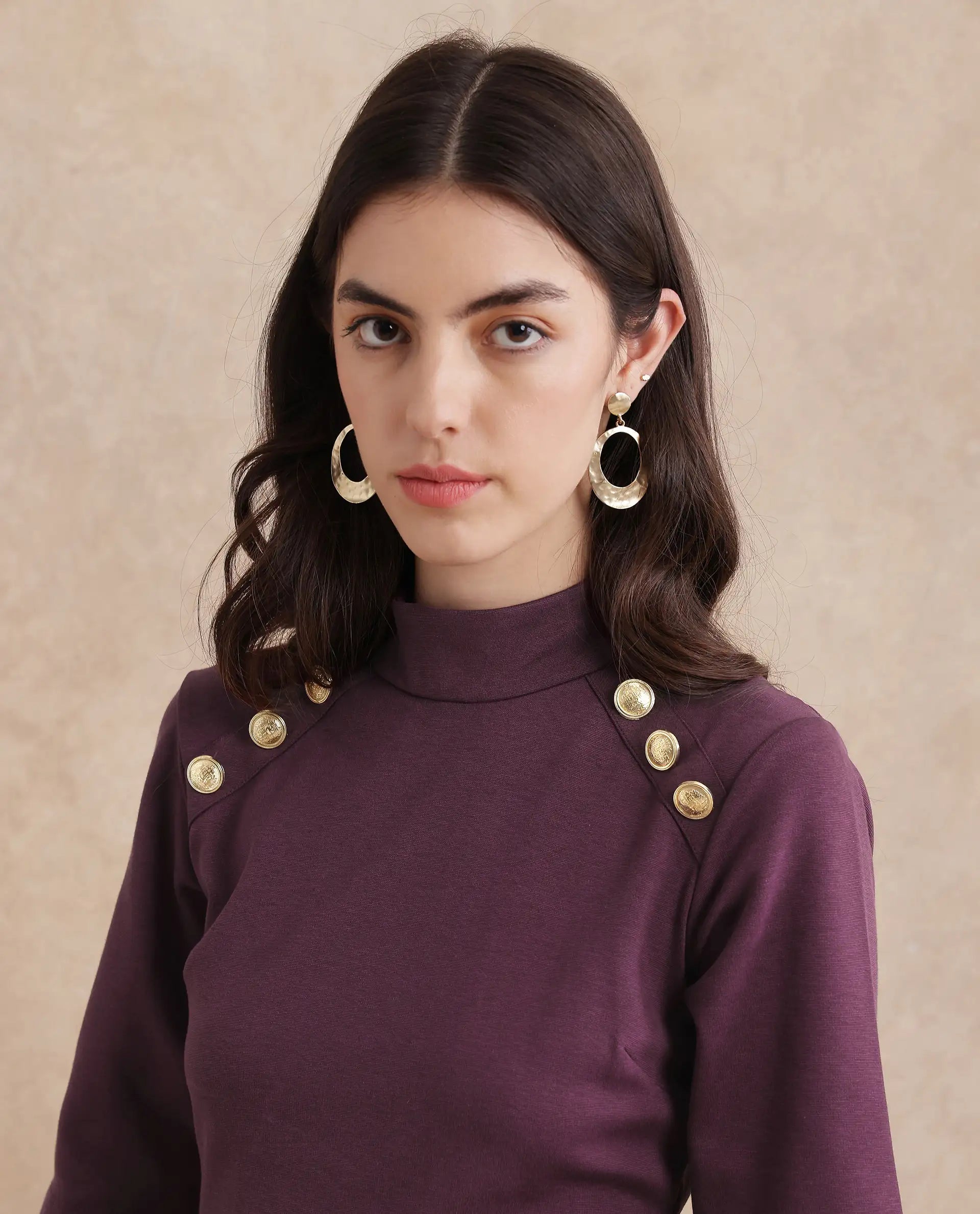 Rareism Women's Bolu Purple Cotton Blend Fabric High Neck Zipper Closure Half Sleeve Plain Bodycon Midi Dress