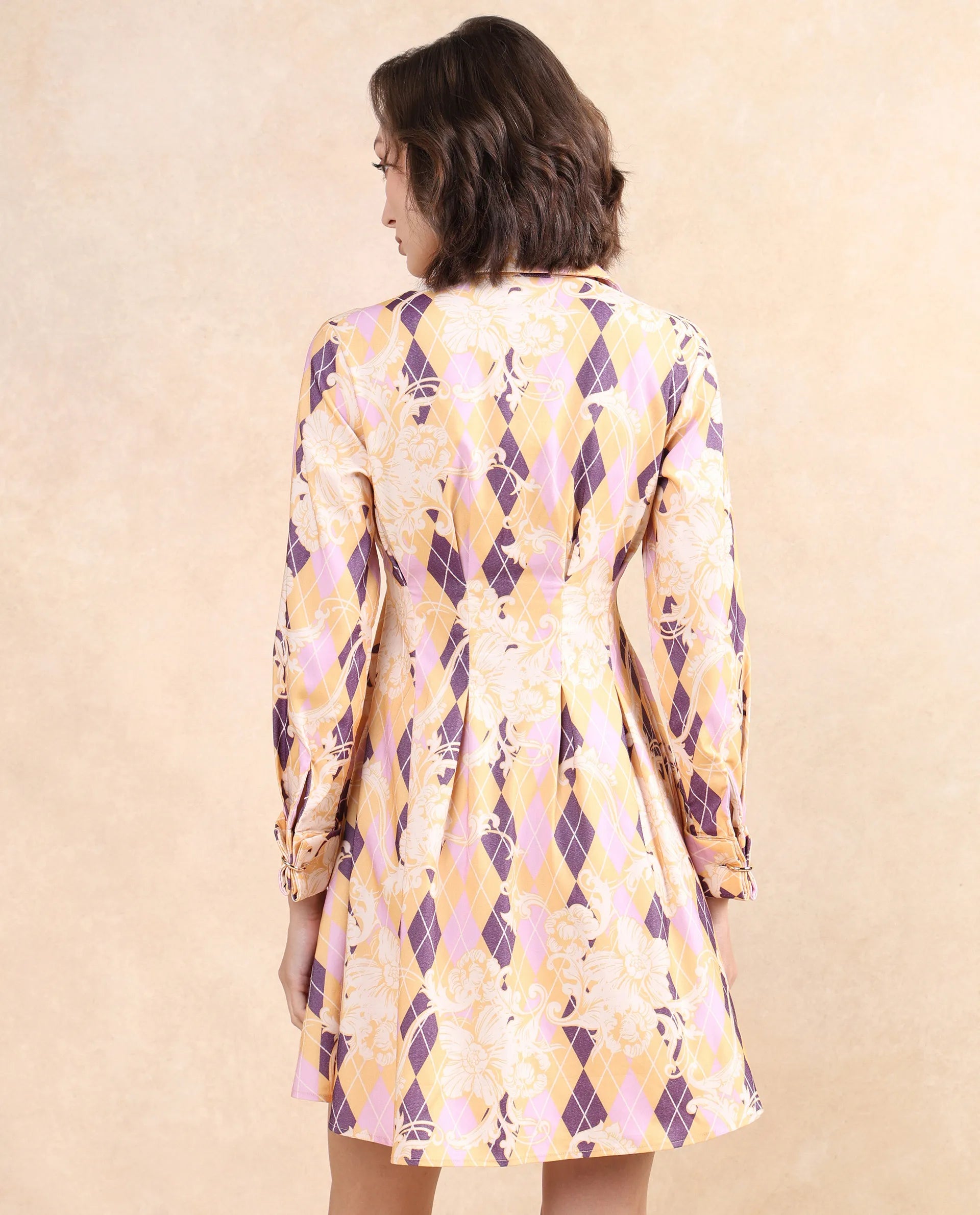 Rareism Women's Bolviana Light Multi  Drop Collar Button Closure Cuffed Sleeve Floral Print Flared Mini Dress