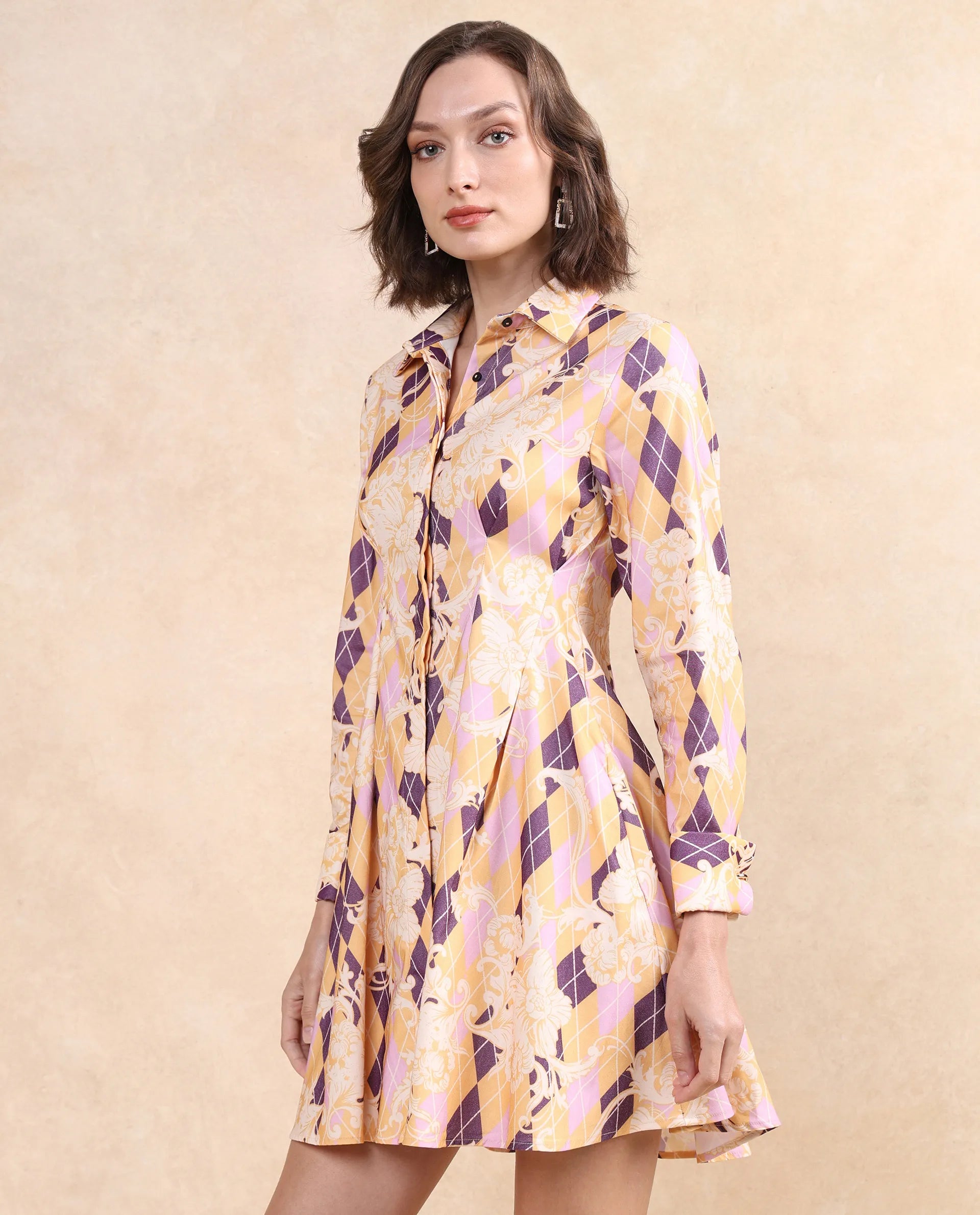 Rareism Women's Bolviana Light Multi  Drop Collar Button Closure Cuffed Sleeve Floral Print Flared Mini Dress