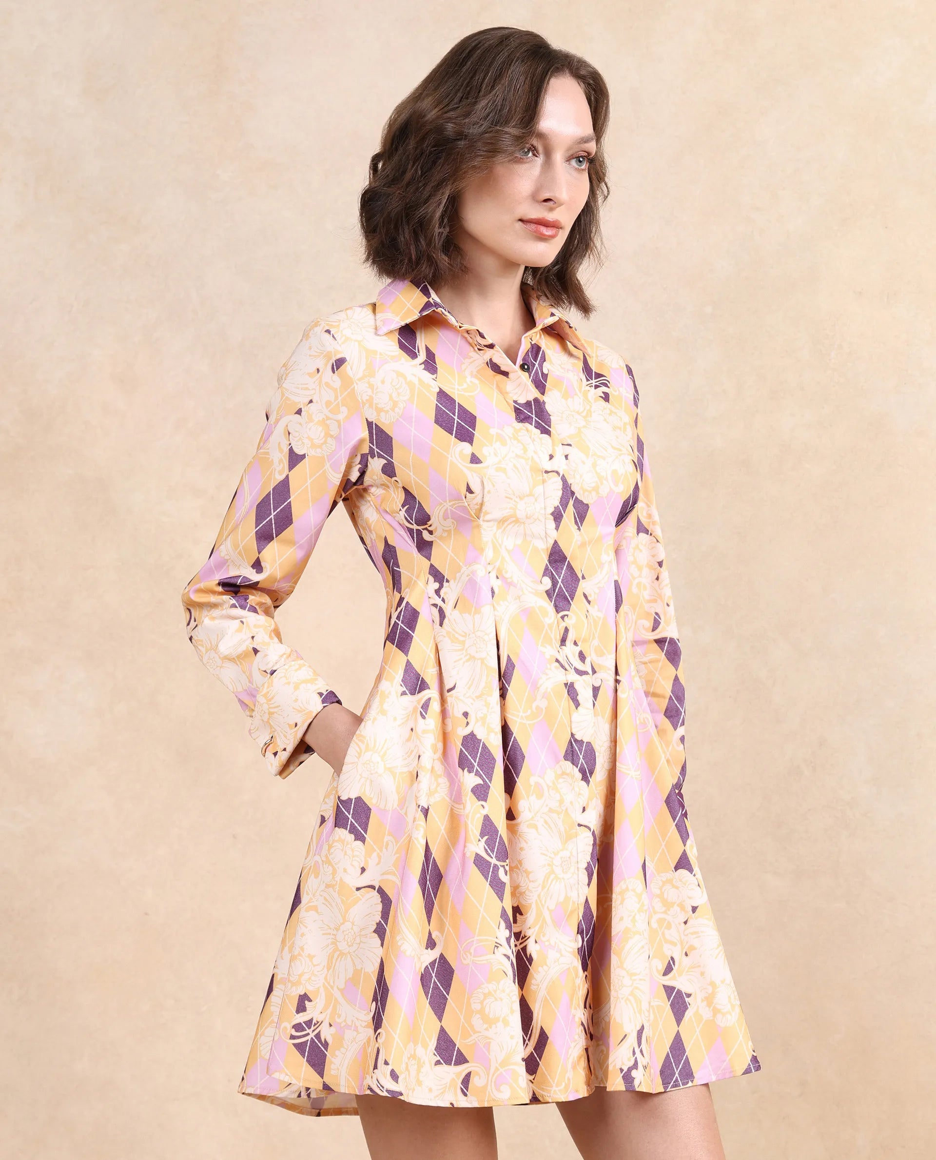 Rareism Women's Bolviana Light Multi  Drop Collar Button Closure Cuffed Sleeve Floral Print Flared Mini Dress