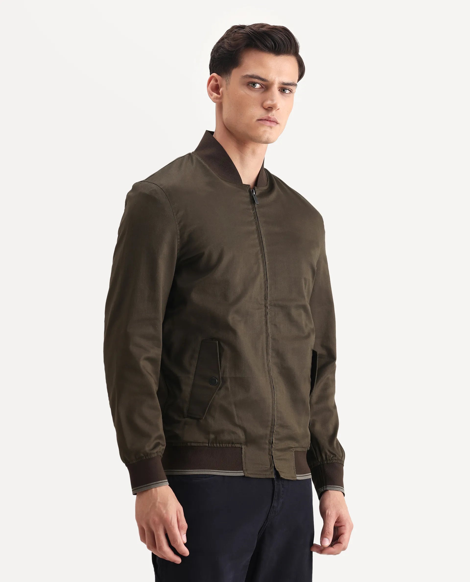 Rare Rabbit Men's Bom Olive Cotton Blend Fabric Ribbed Collar Regular Plain Jacket