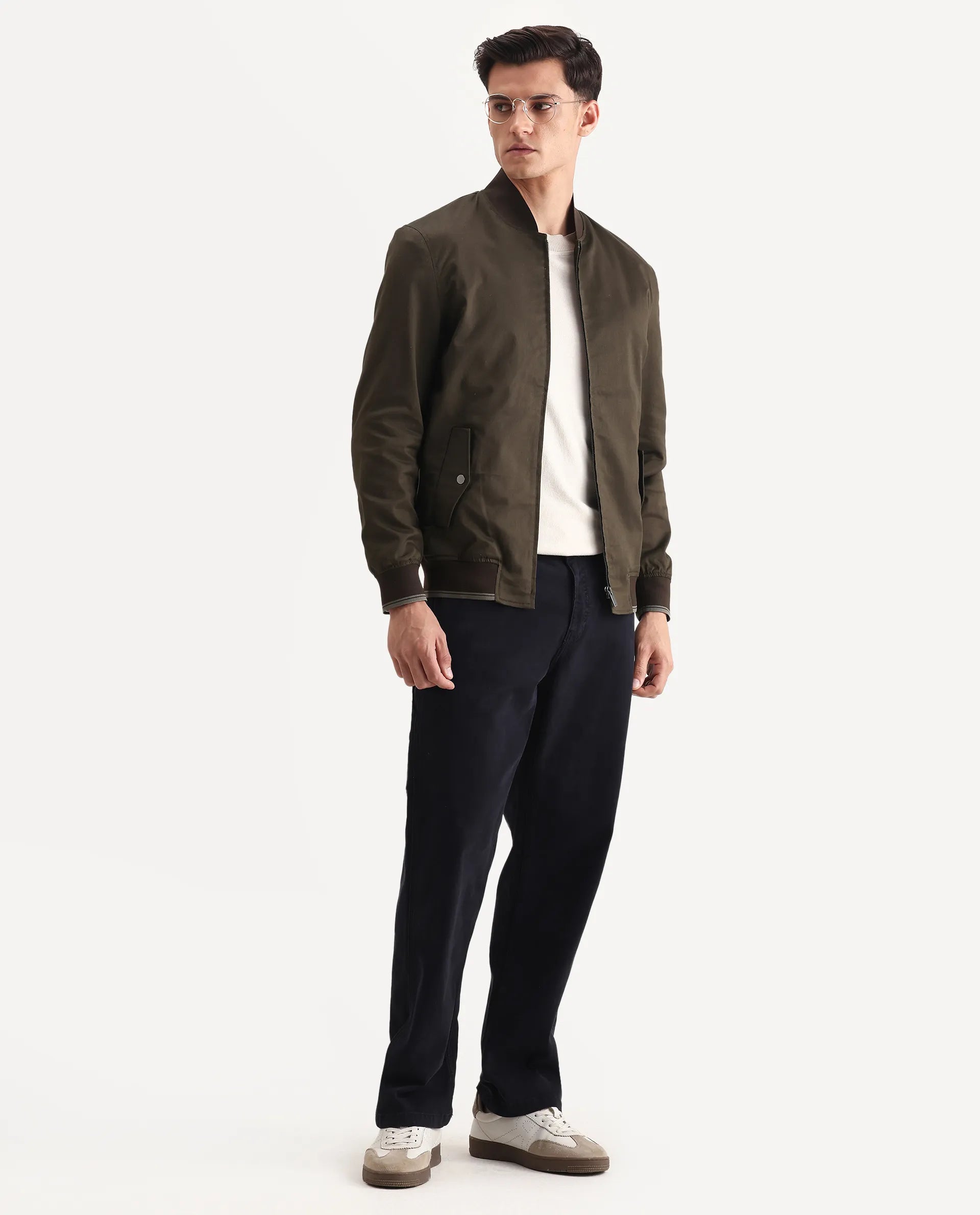 Rare Rabbit Men's Bom Olive Cotton Blend Fabric Ribbed Collar Regular Plain Jacket