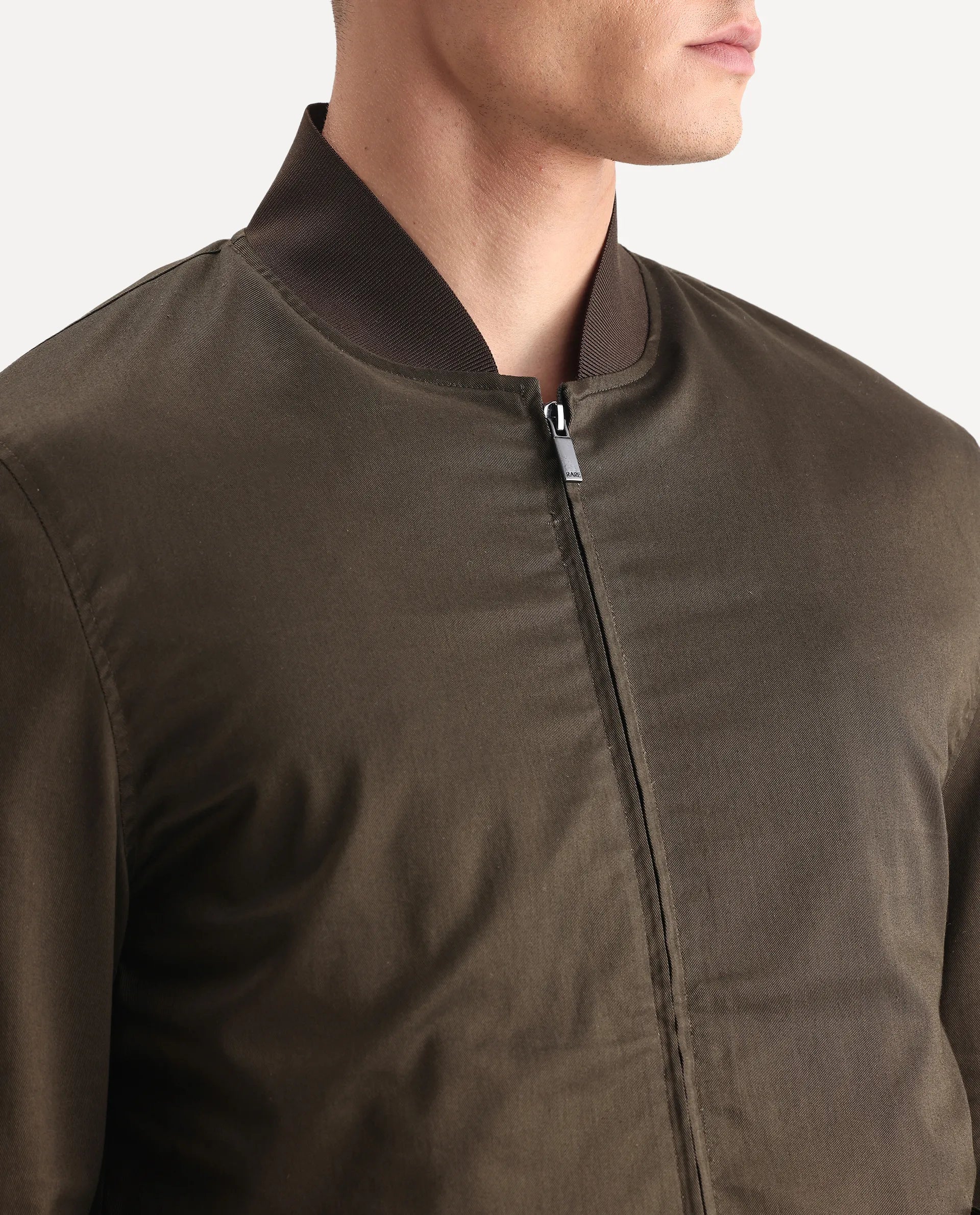 Rare Rabbit Men's Bom Olive Cotton Blend Fabric Ribbed Collar Regular Plain Jacket