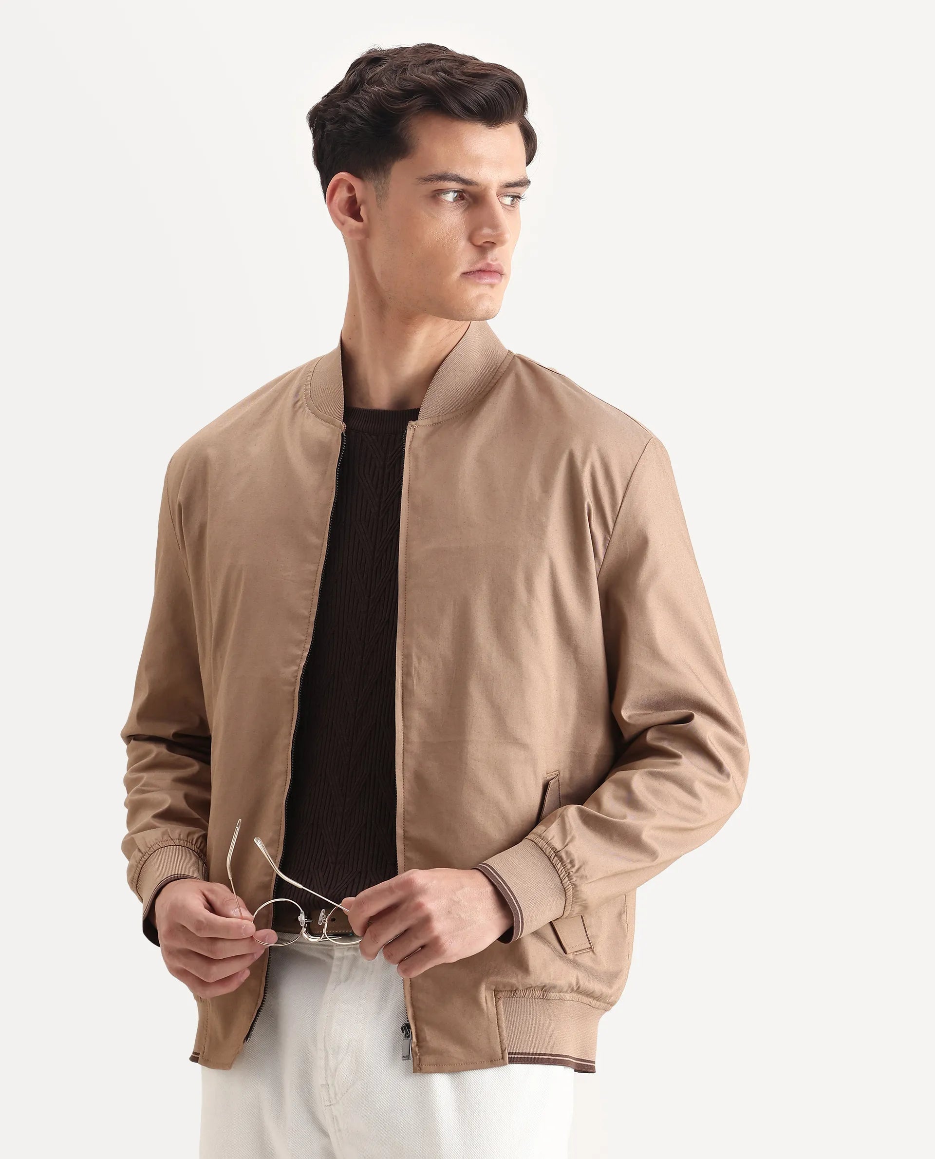 Rare Rabbit Men's Bom Tan Cotton Blend Fabric Ribbed Collar Regular Plain Jacket
