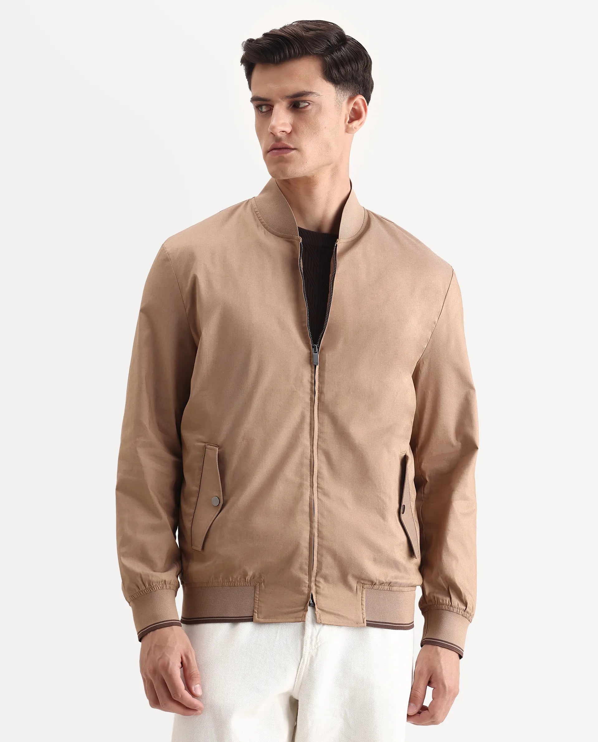 Rare Rabbit Men's Bom Tan Cotton Blend Fabric Ribbed Collar Regular Plain Jacket