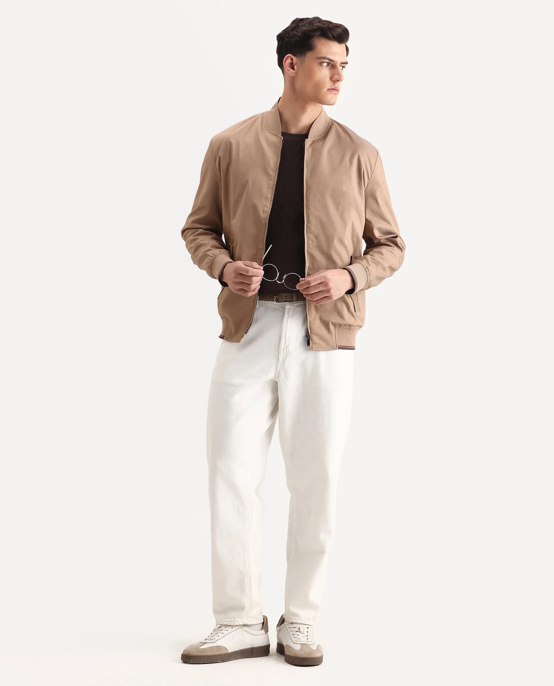 Rare Rabbit Men's Bom Tan Cotton Blend Fabric Ribbed Collar Regular Plain Jacket