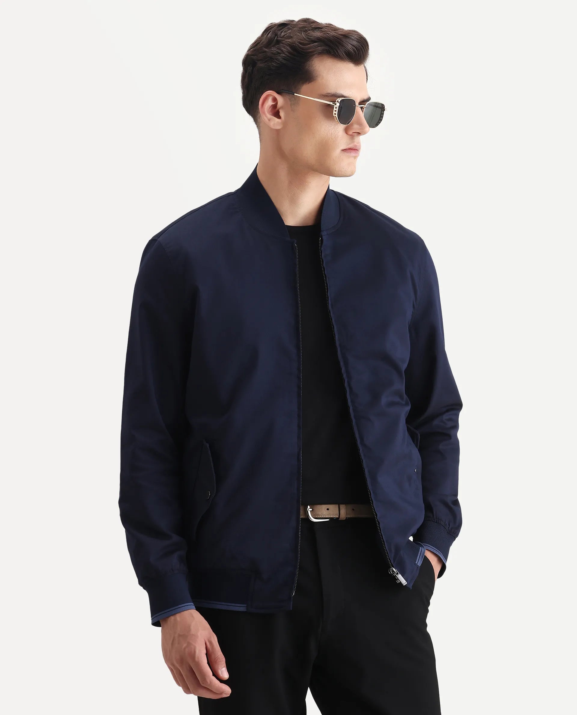 Rare Rabbit Men's Bom Navy Cotton Blend Fabric Ribbed Collar Regular Plain Jacket