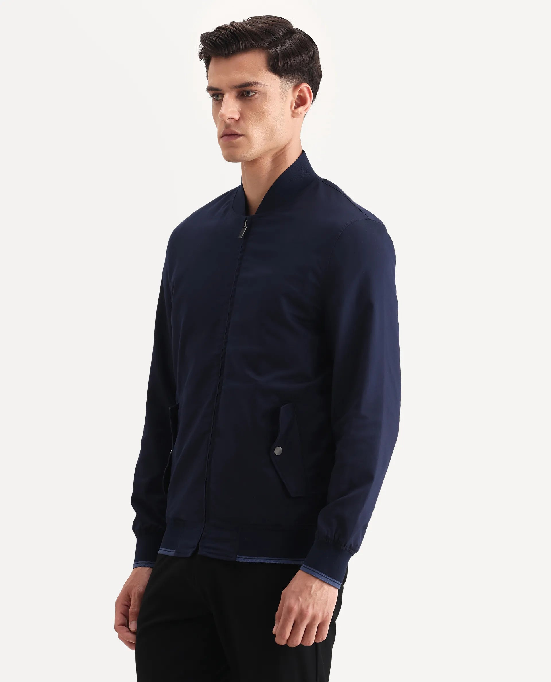 Rare Rabbit Men's Bom Navy Cotton Blend Fabric Ribbed Collar Regular Plain Jacket