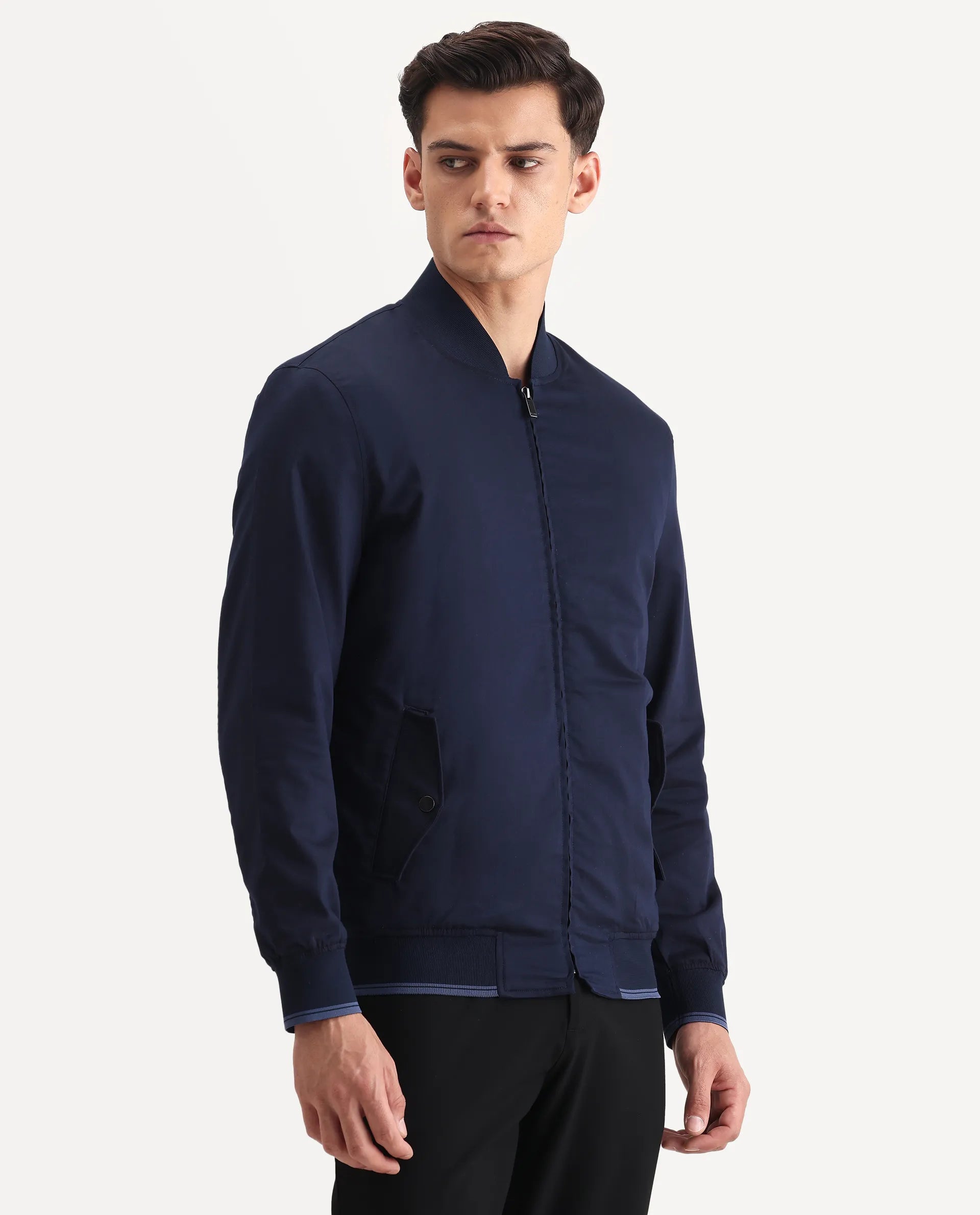 Rare Rabbit Men's Bom Navy Cotton Blend Fabric Ribbed Collar Regular Plain Jacket