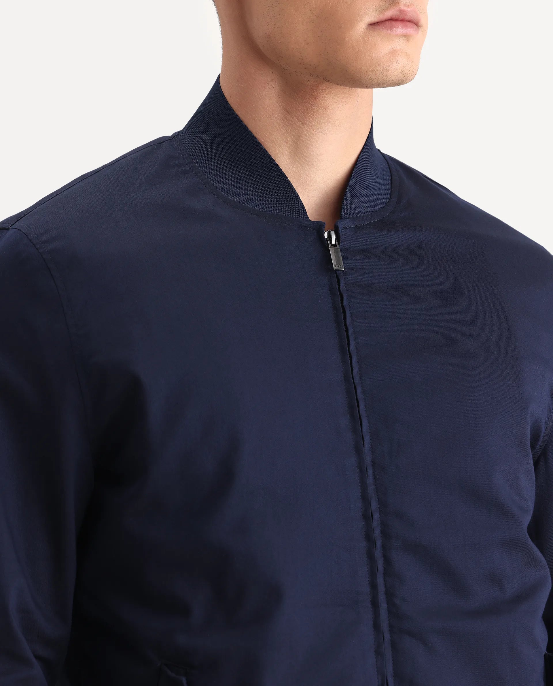 Rare Rabbit Men's Bom Navy Cotton Blend Fabric Ribbed Collar Regular Plain Jacket