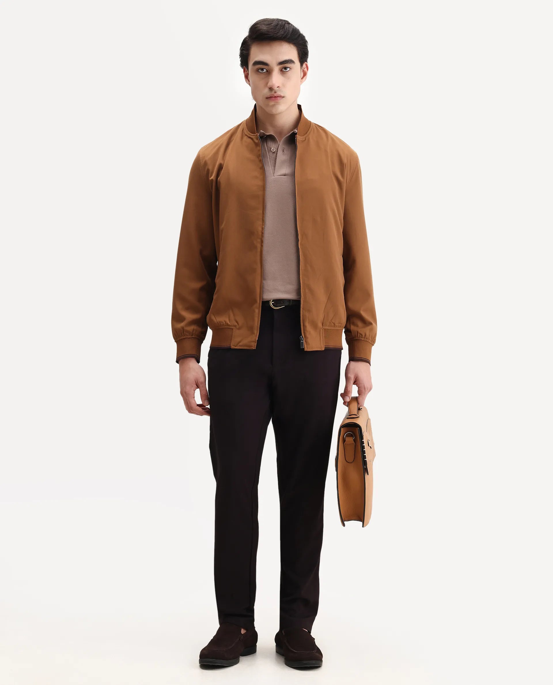 Rare Rabbit Men's Bomto Light Brown Polyester Blend Fabric High Neck Relaxed Plain Jacket