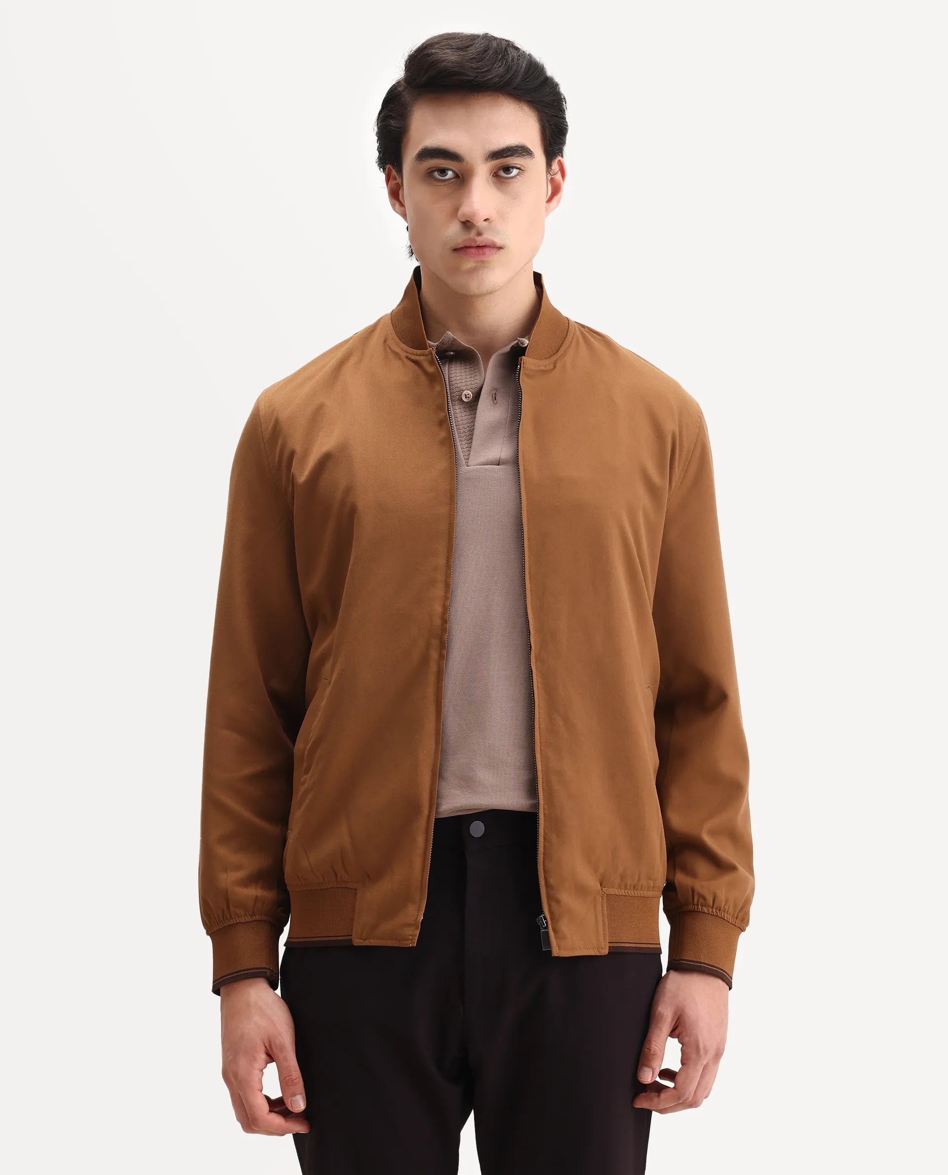Rare Rabbit Men's Bomto Light Brown Polyester Blend Fabric High Neck Relaxed Plain Jacket
