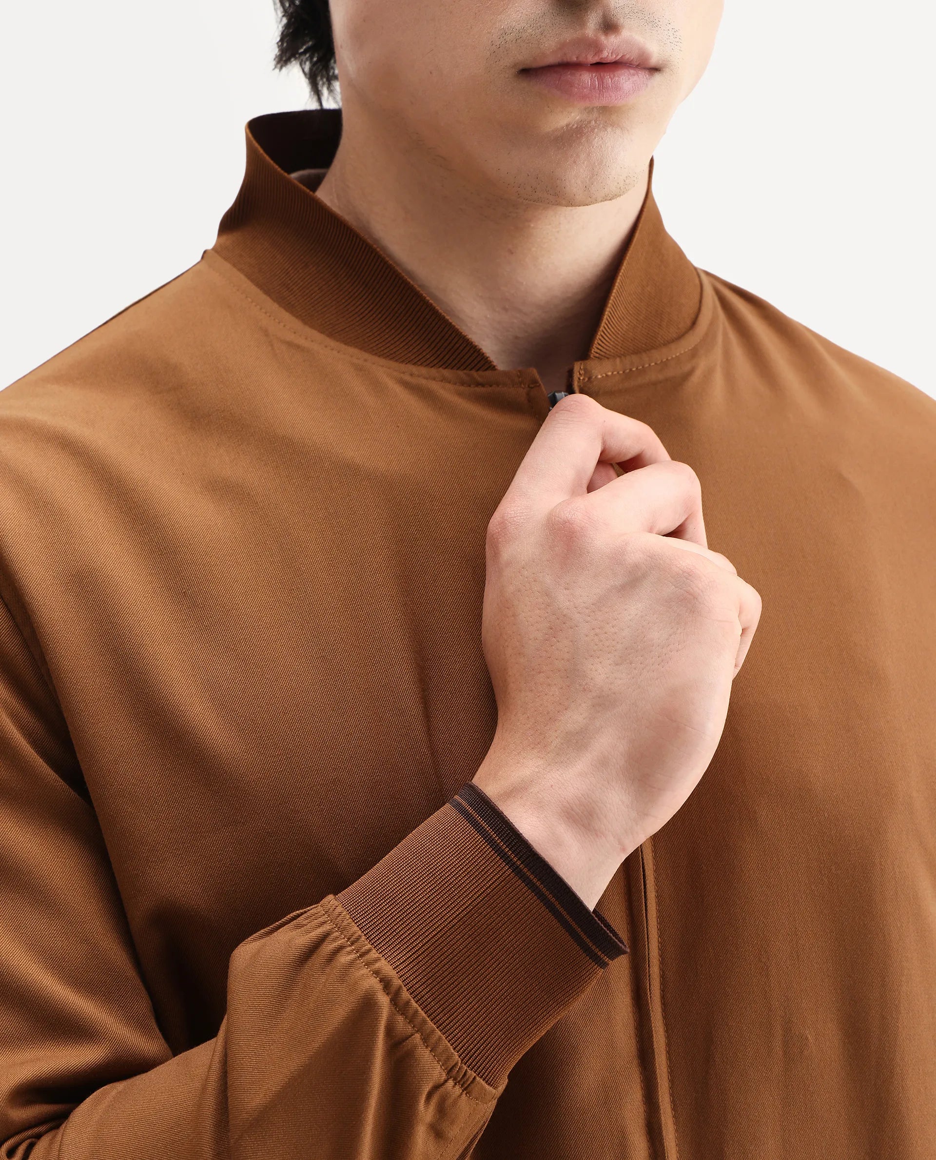 Rare Rabbit Men's Bomto Light Brown Polyester Blend Fabric High Neck Relaxed Plain Jacket
