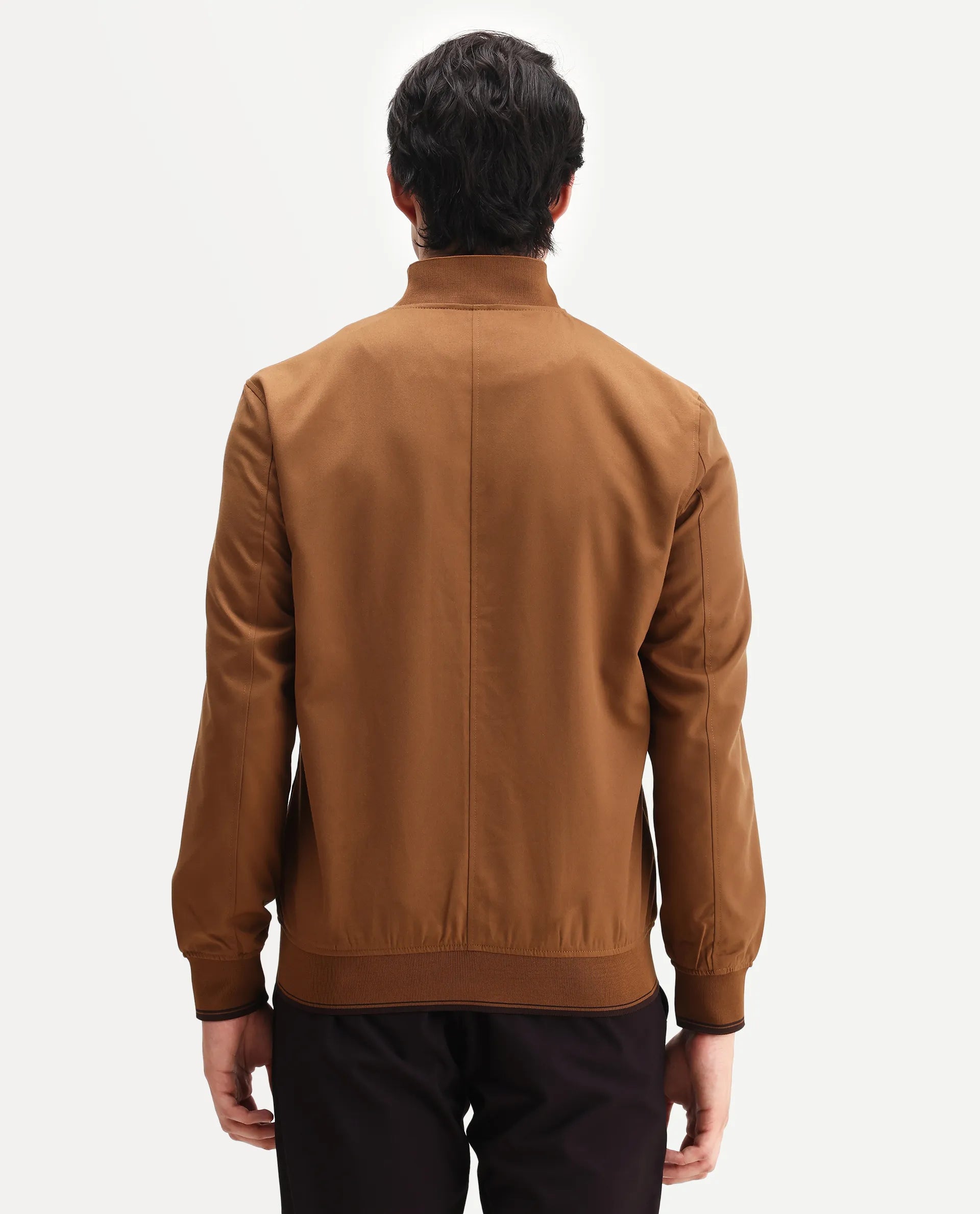 Rare Rabbit Men's Bomto Light Brown Polyester Blend Fabric High Neck Relaxed Plain Jacket