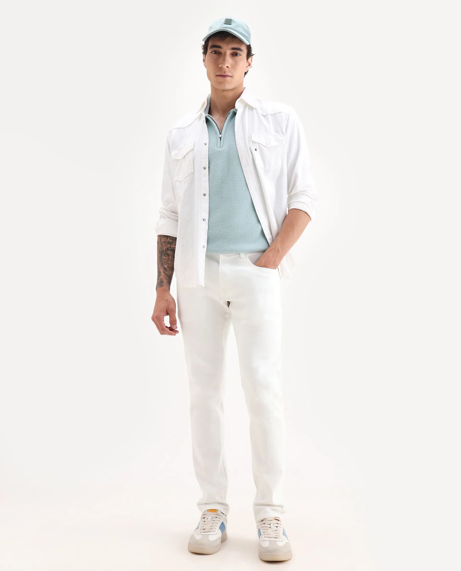 Rare Rabbit Men's Bone Whtie Cotton Blend Fabric Hawk Slim Plain Jeans