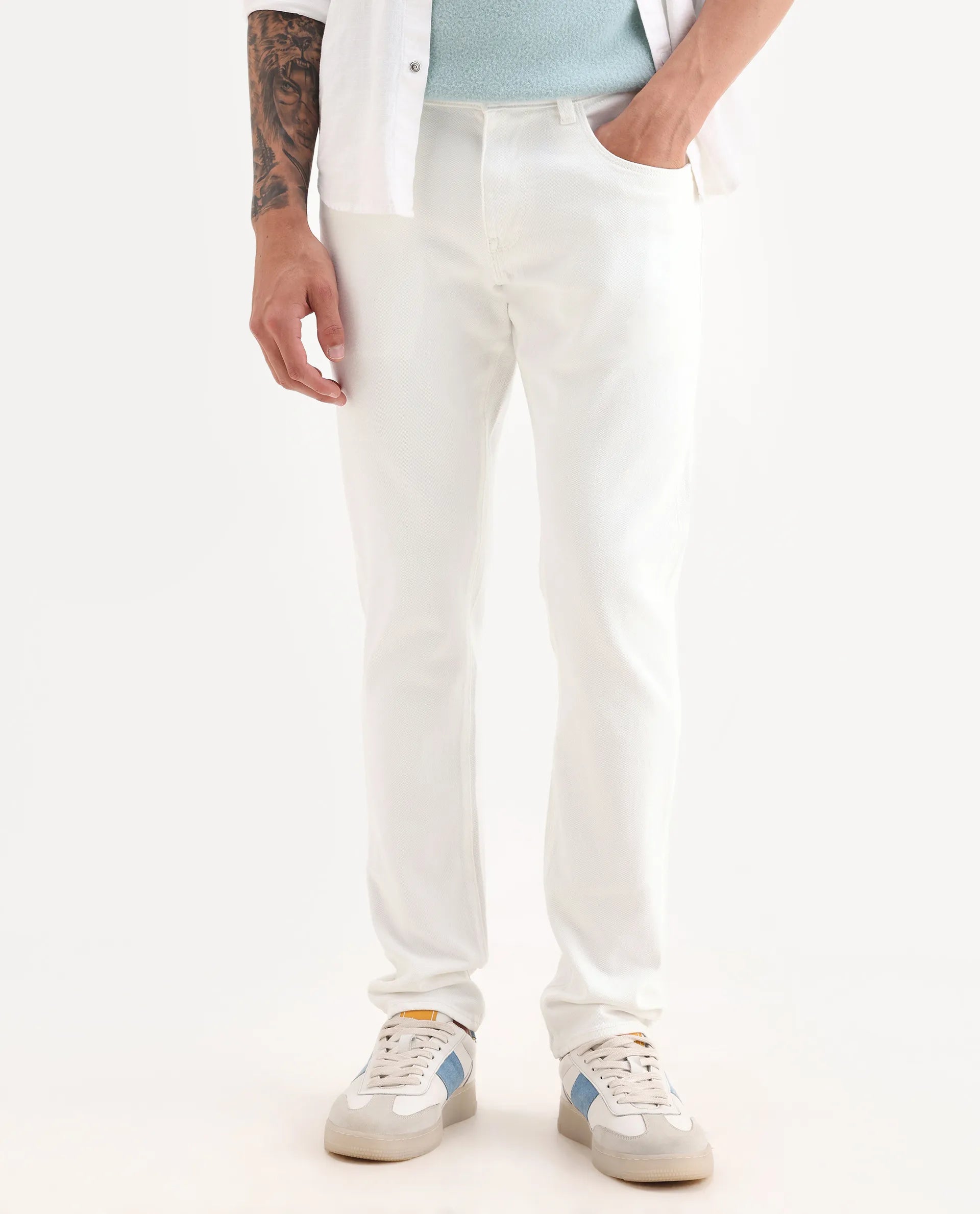 Rare Rabbit Men's Bone Whtie Cotton Blend Fabric Hawk Slim Plain Jeans