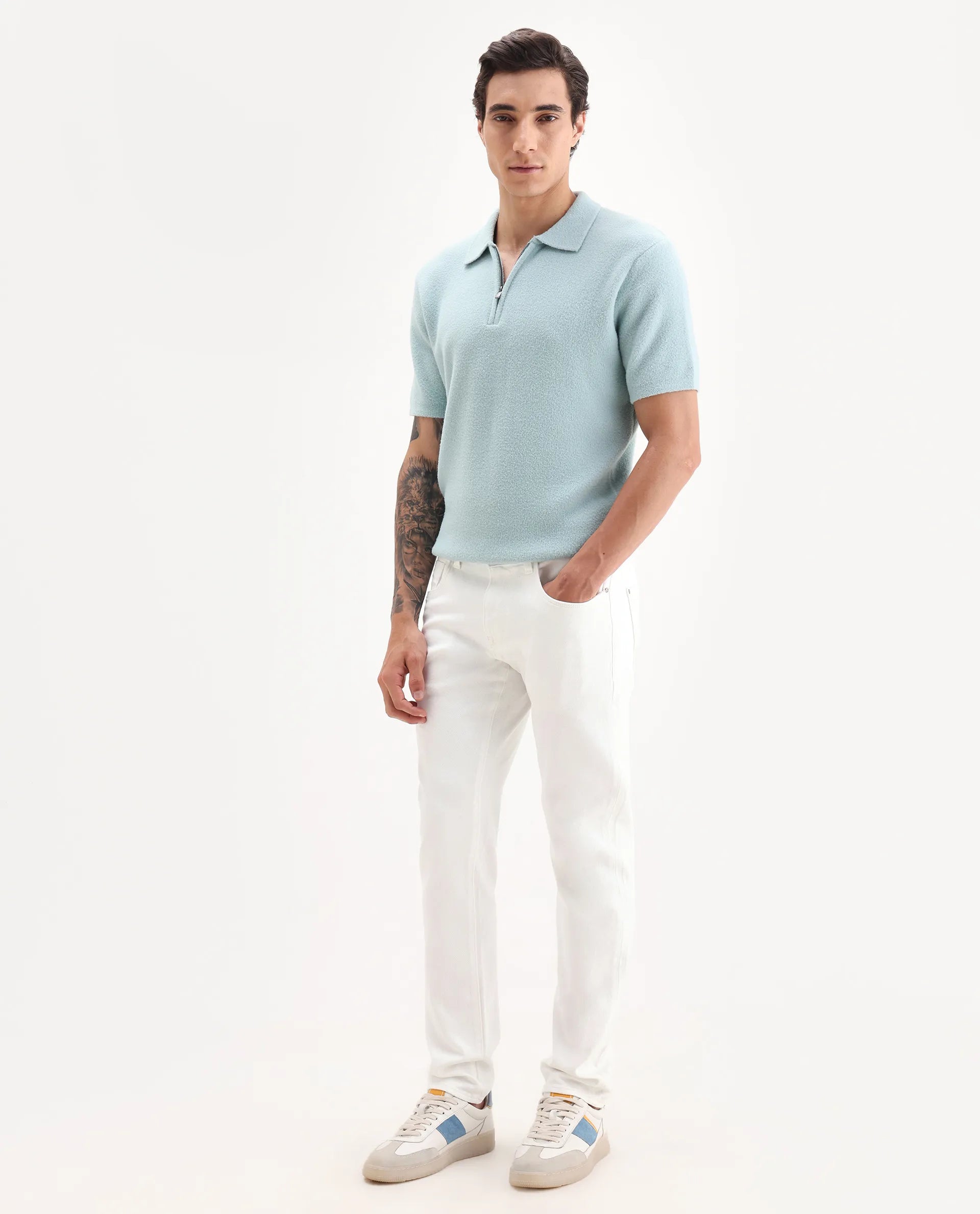 Rare Rabbit Men's Bone Whtie Cotton Blend Fabric Hawk Slim Plain Jeans