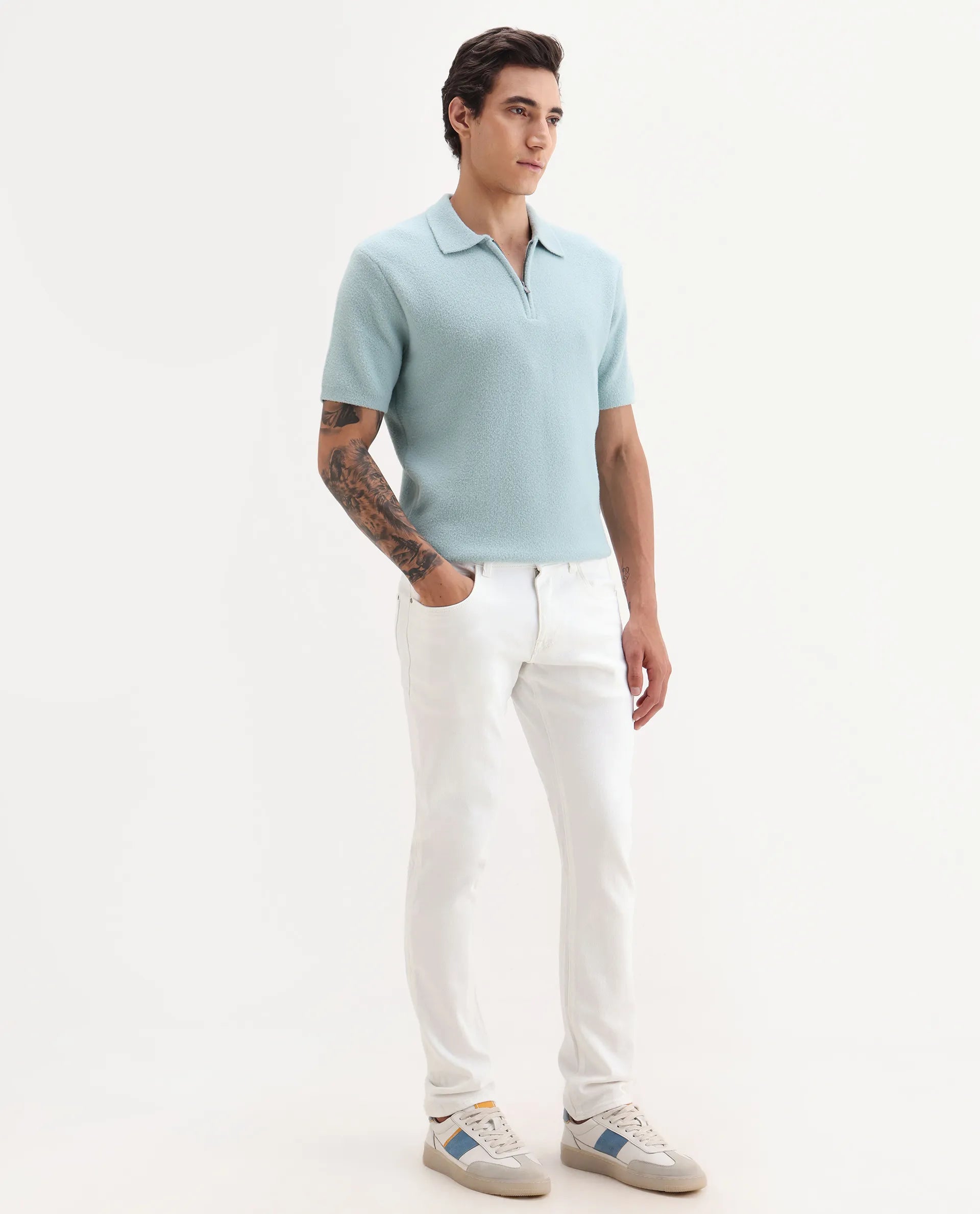 Rare Rabbit Men's Bone Whtie Cotton Blend Fabric Hawk Slim Plain Jeans