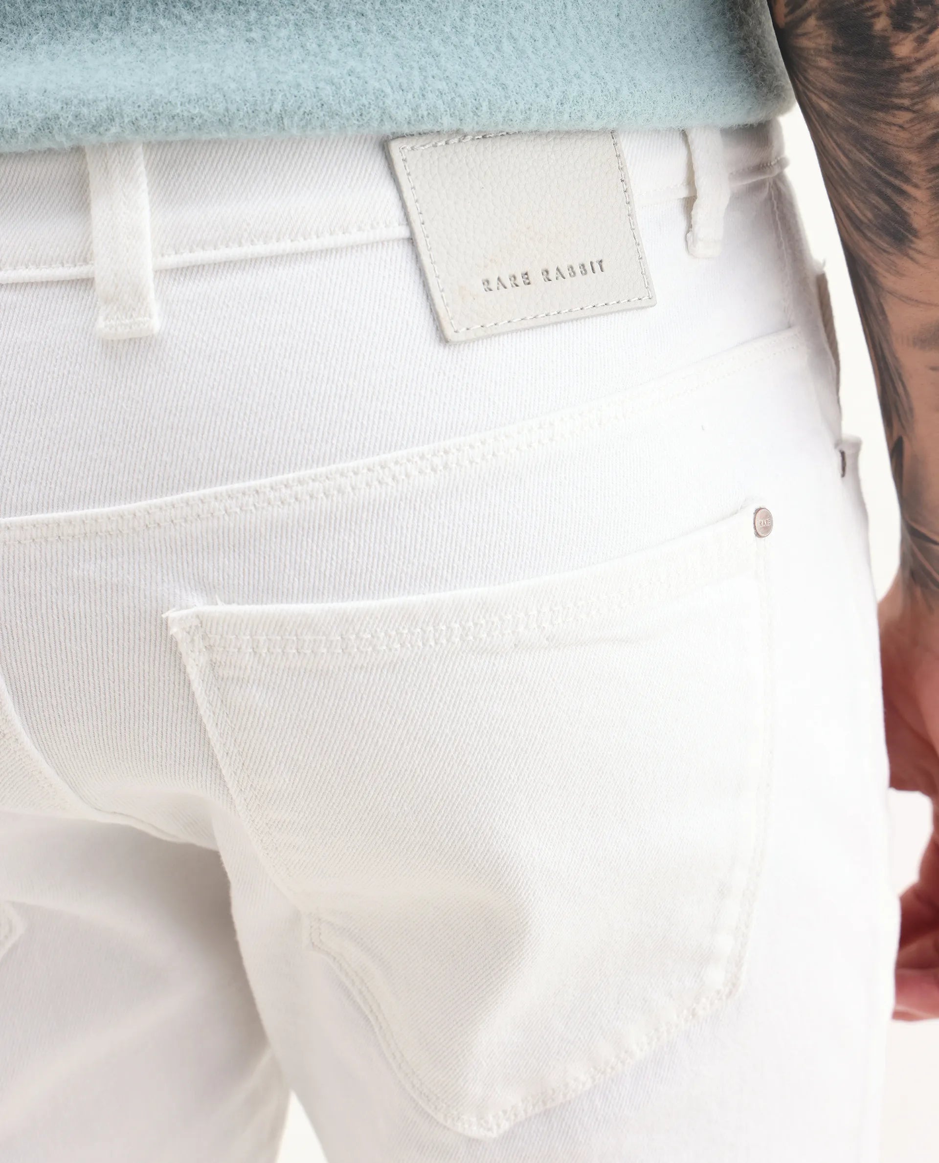 Rare Rabbit Men's Bone Whtie Cotton Blend Fabric Hawk Slim Plain Jeans