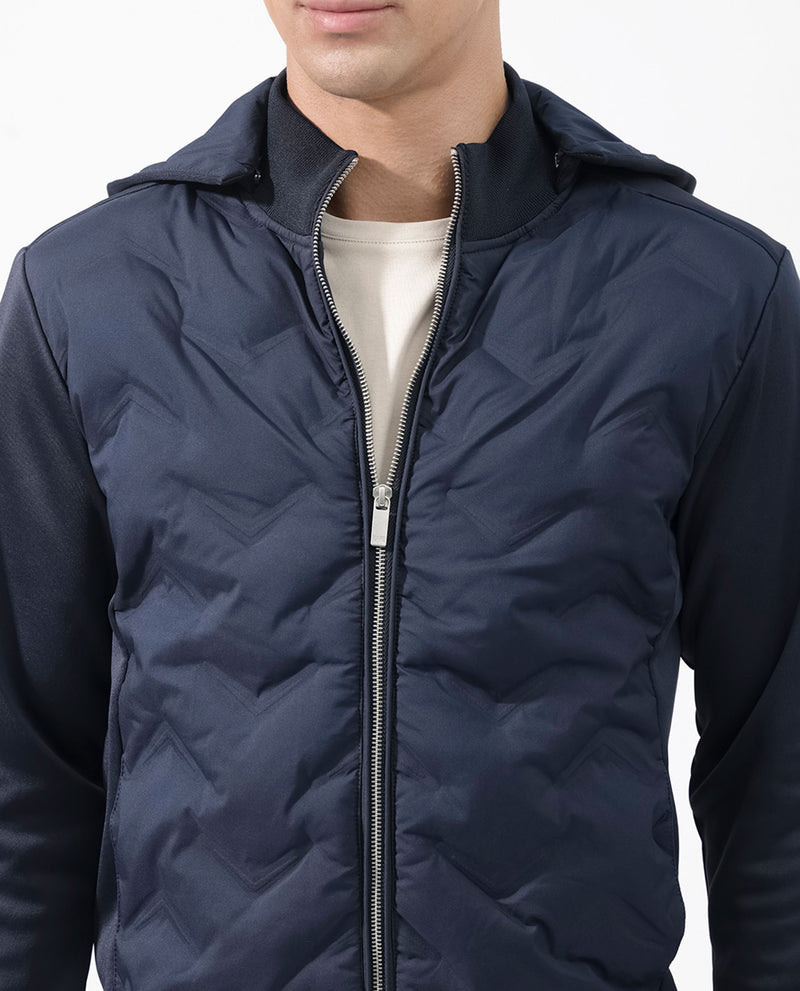 Rare Rabbit Men's Bonita Navy Polyester Fabric Full Sleeves Zipper Closure Hooded Quilted Jacket