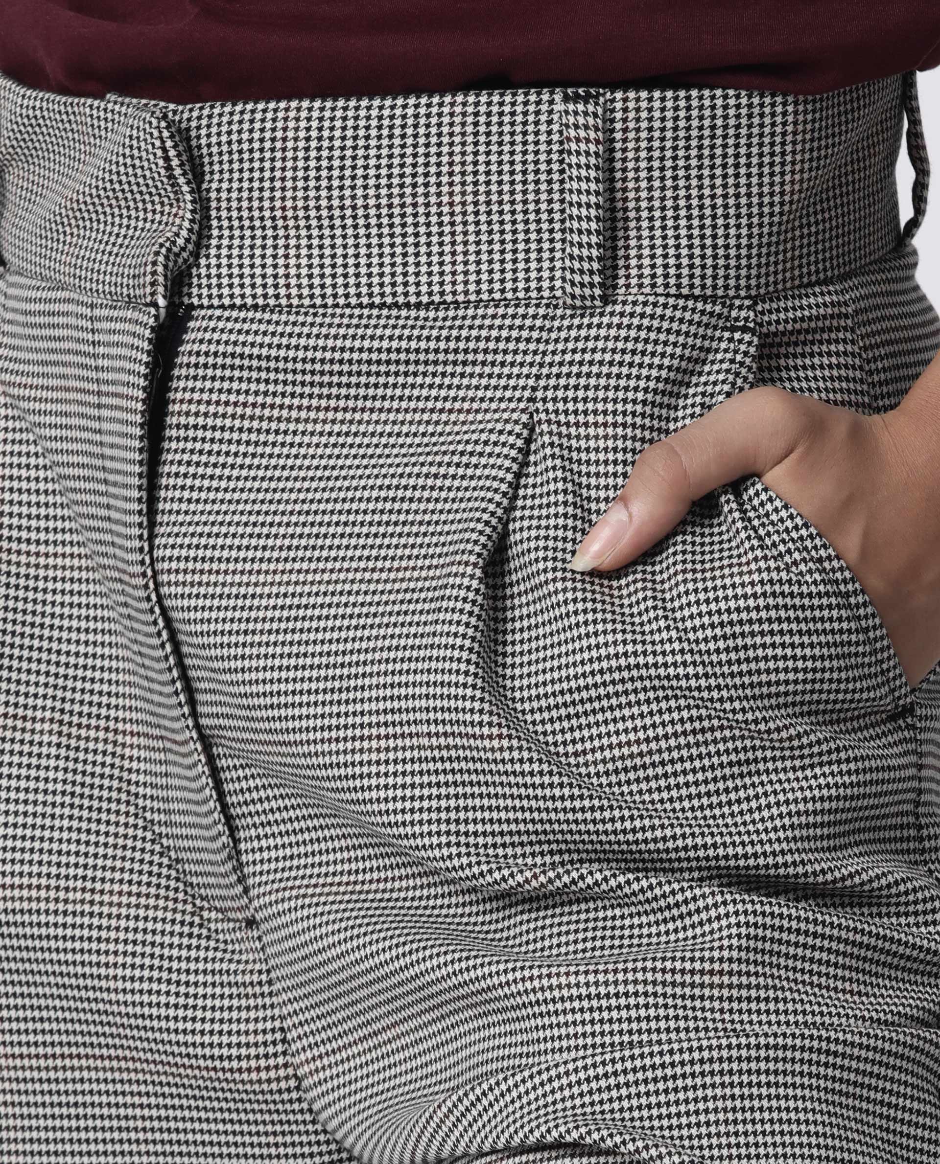 Rareism Womens Bono Beige Trouser High Waist Regular Fit Check Fabric Hook And Eye Closure