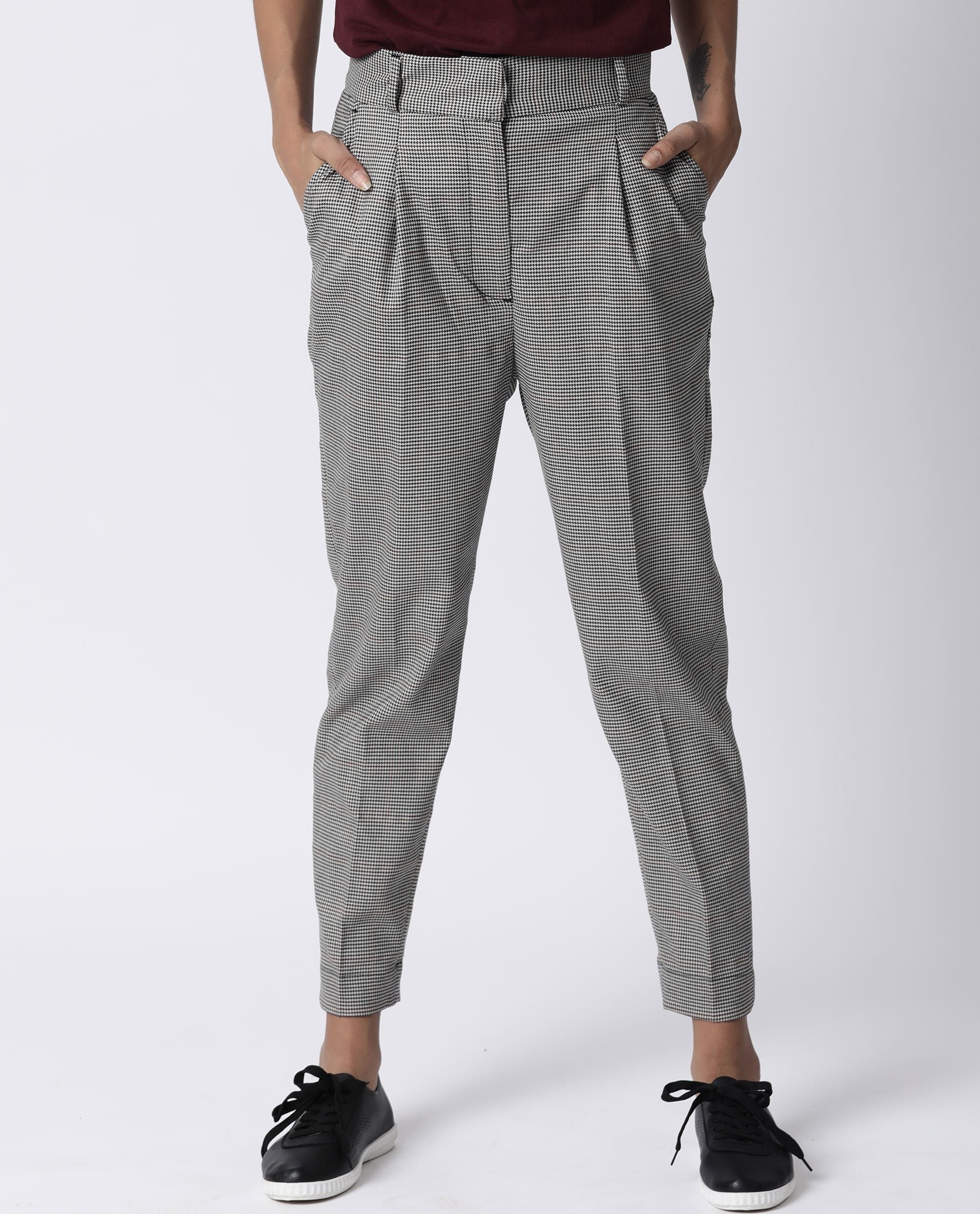 Rareism Womens Bono Beige Trouser High Waist Regular Fit Check Fabric Hook And Eye Closure