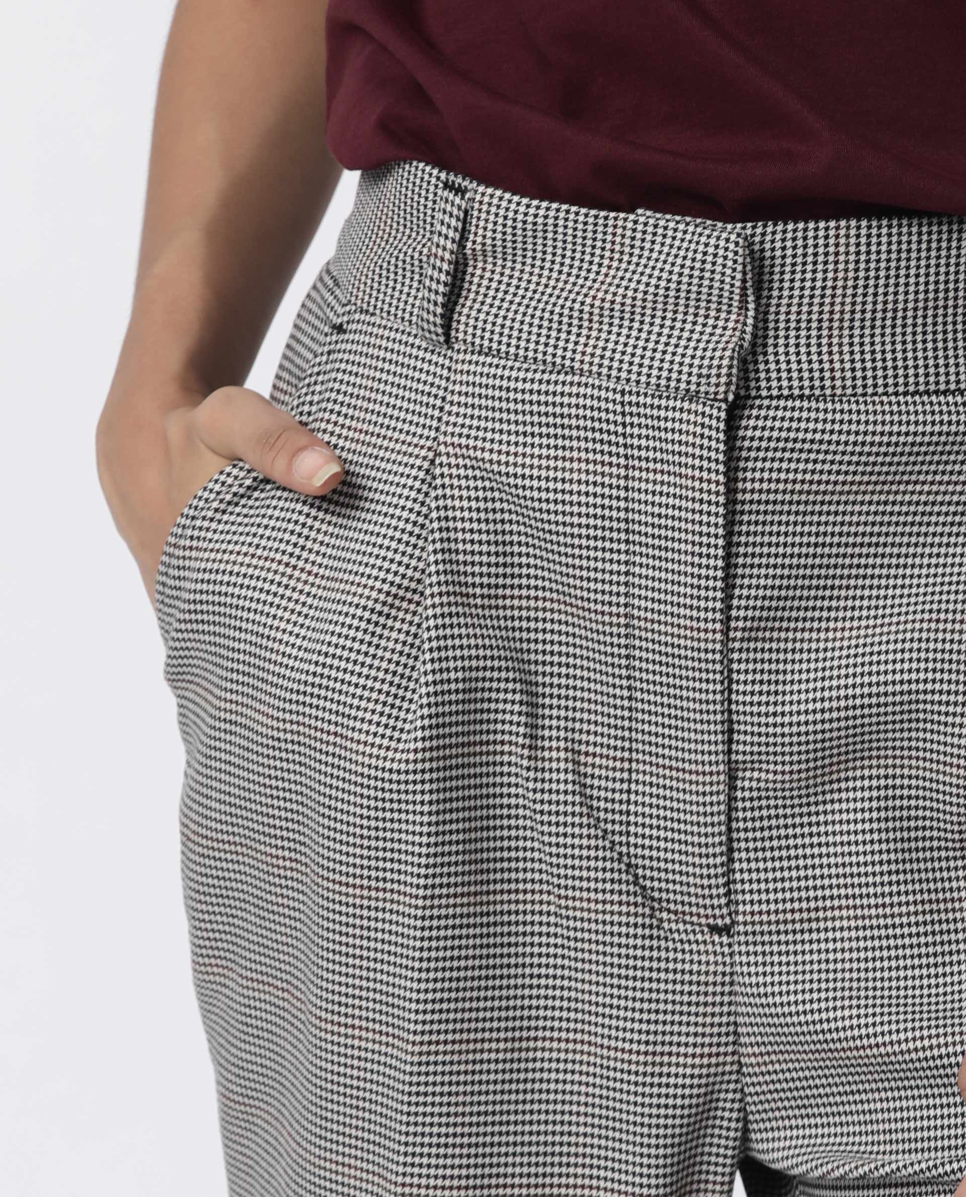 Rareism Womens Bono Beige Trouser High Waist Regular Fit Check Fabric Hook And Eye Closure