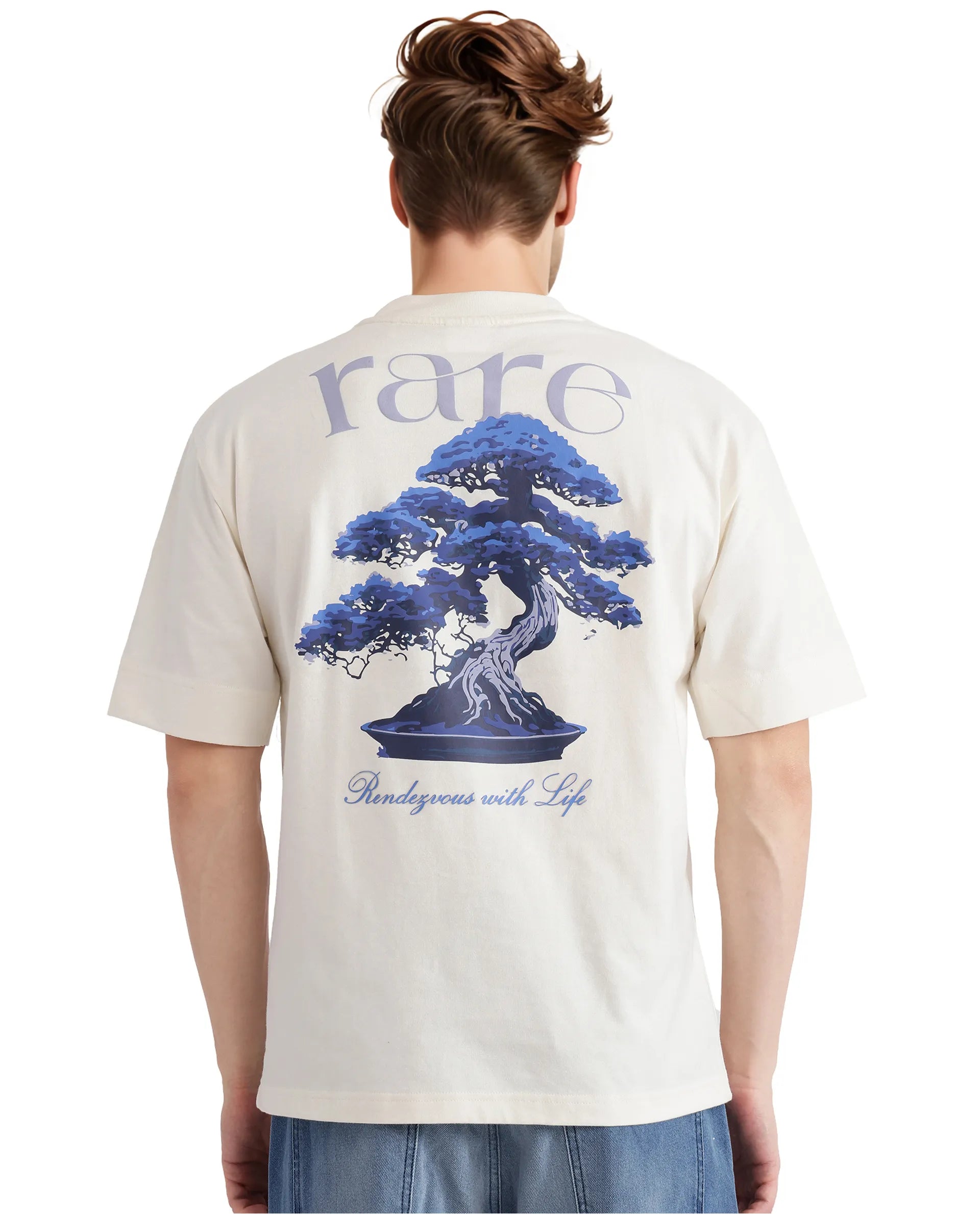 Rare Rabbit Men Bonz-1 Off White Knitted Short Sleeve Crew Neck Boxy Fit Printed T-Shirt