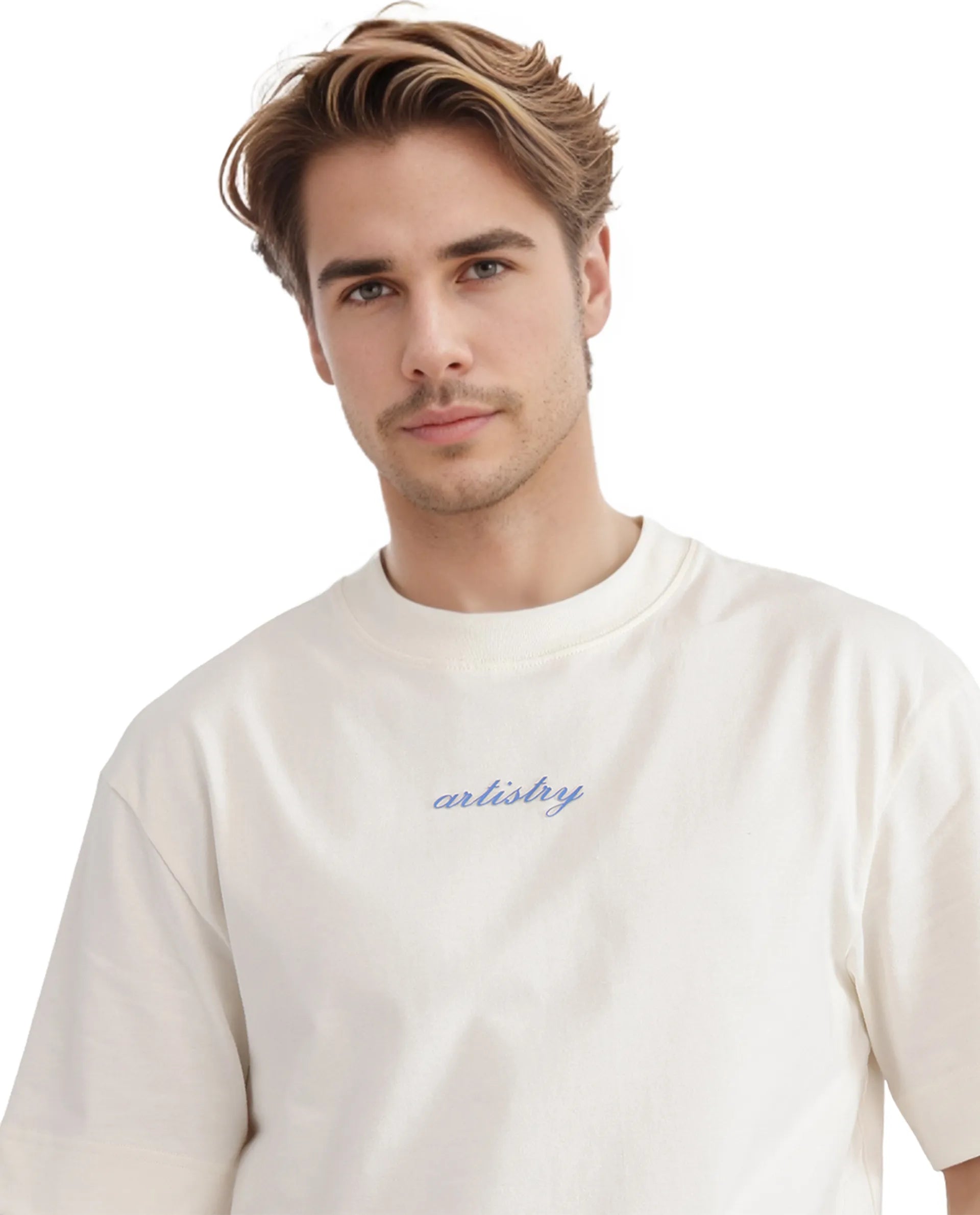 Rare Rabbit Men Bonz-1 Off White Knitted Short Sleeve Crew Neck Boxy Fit Printed T-Shirt