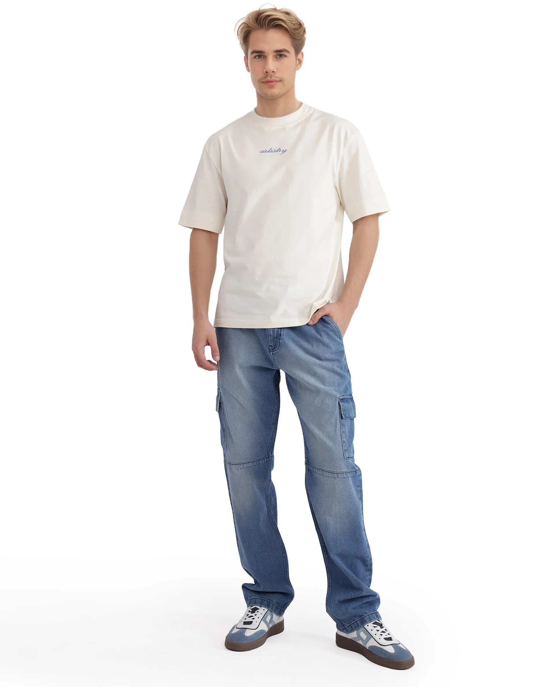 Rare Rabbit Men Bonz-1 Off White Knitted Short Sleeve Crew Neck Boxy Fit Printed T-Shirt