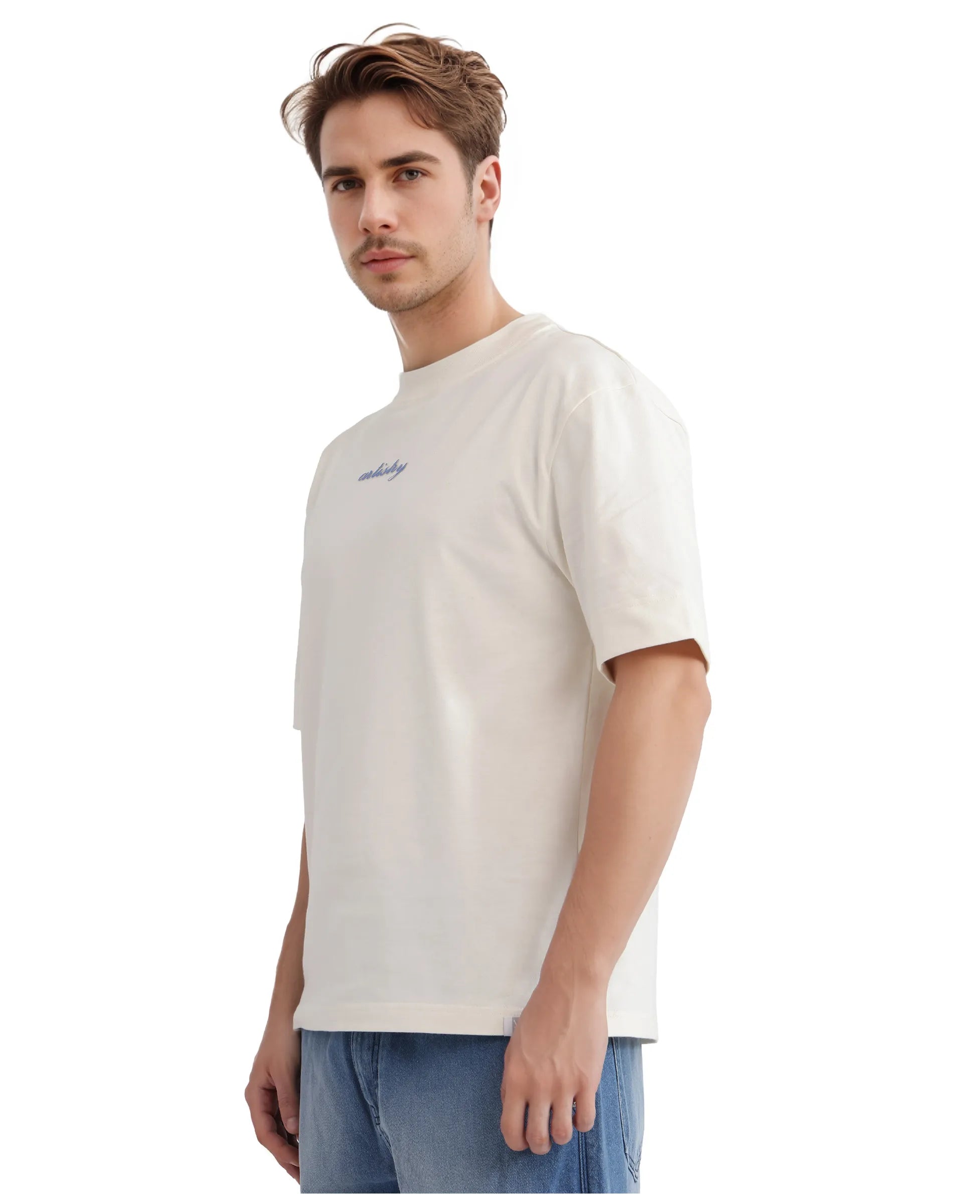 Rare Rabbit Men Bonz-1 Off White Knitted Short Sleeve Crew Neck Boxy Fit Printed T-Shirt