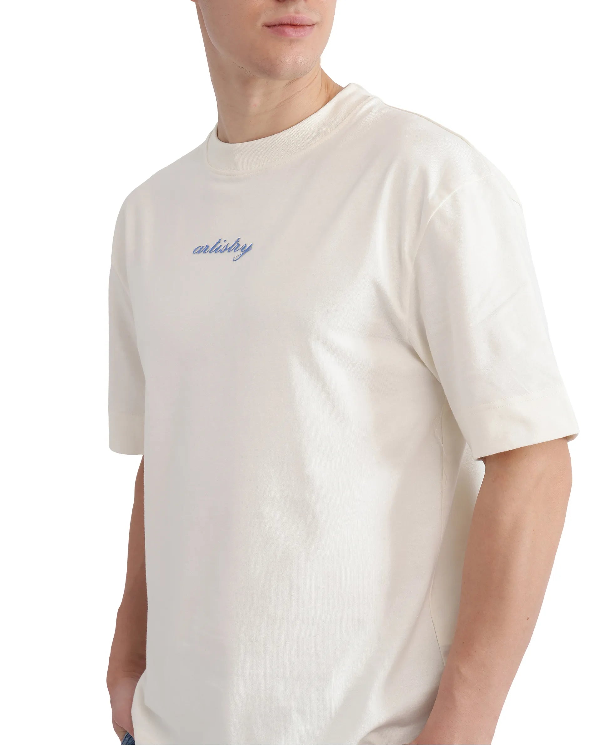 Rare Rabbit Men Bonz-1 Off White Knitted Short Sleeve Crew Neck Boxy Fit Printed T-Shirt