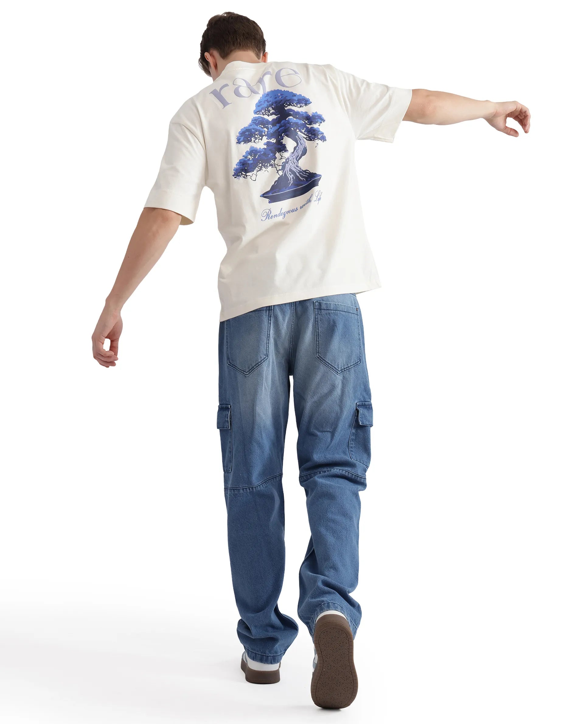 Rare Rabbit Men Bonz-1 Off White Knitted Short Sleeve Crew Neck Boxy Fit Printed T-Shirt